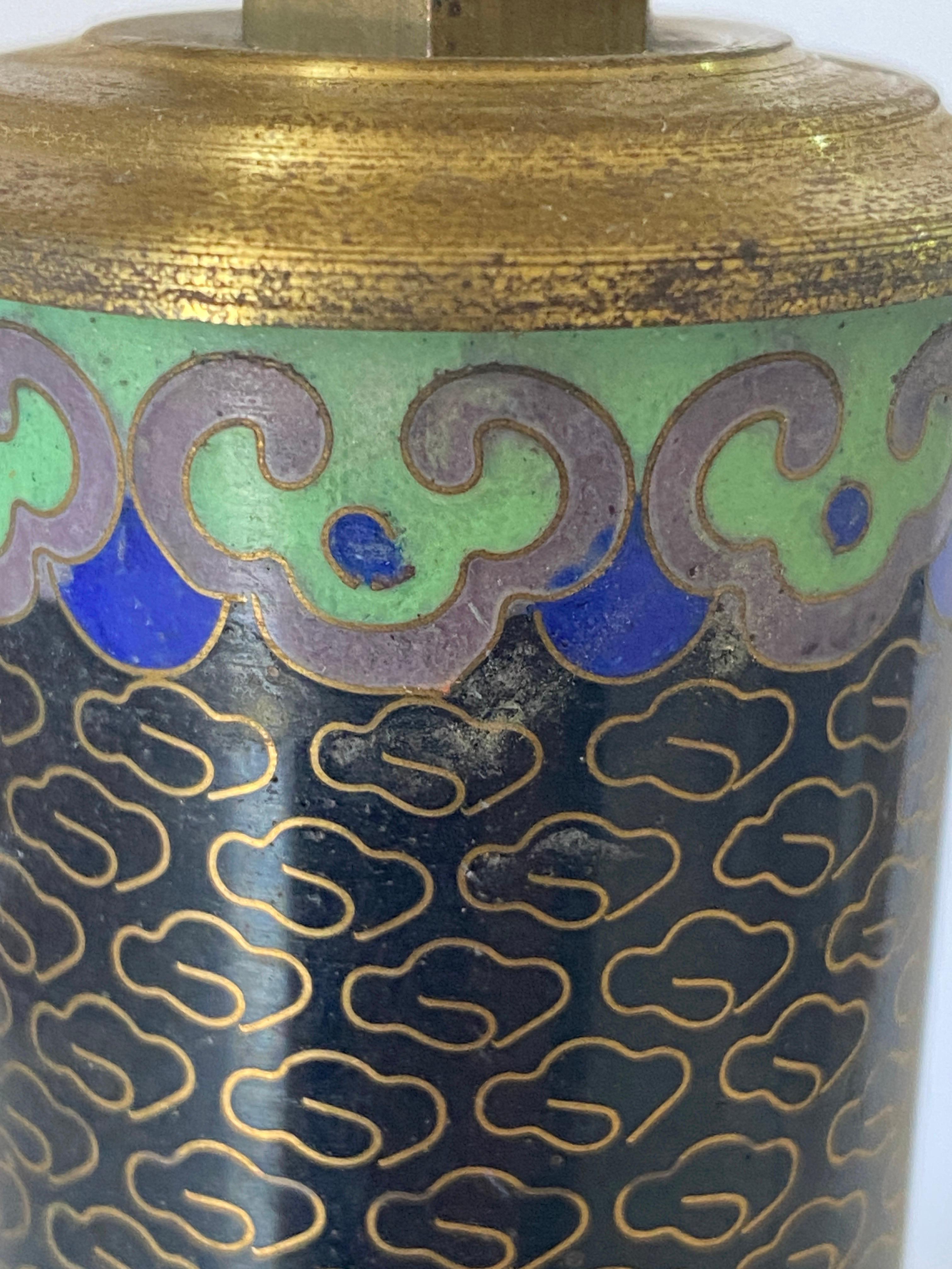 Brass Antique Chinese Black Cloisonné Table Lamp with Floral Motif, China, circa 1890 For Sale