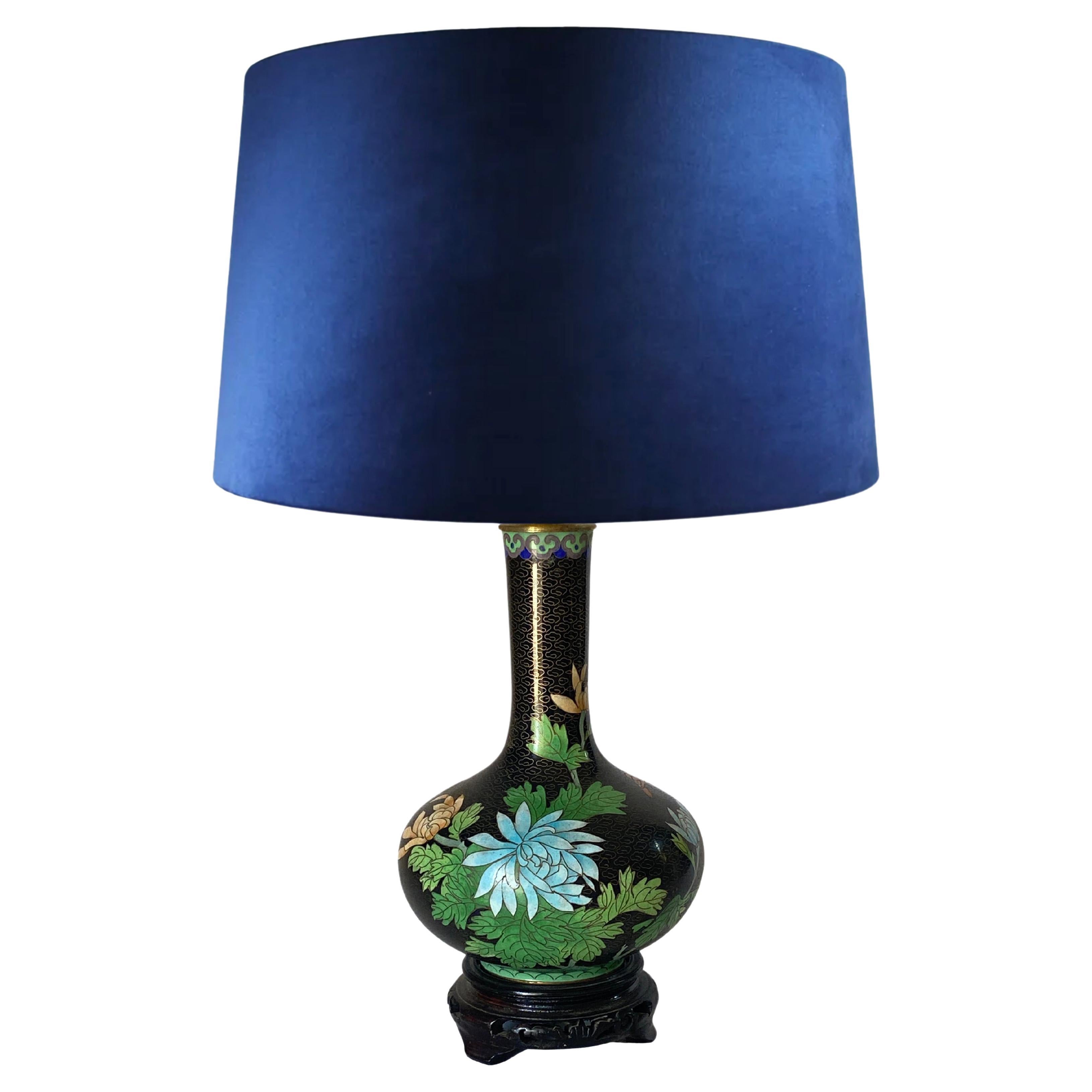 Antique Chinese Black Cloisonné Table Lamp with Floral Motif, China, circa 1890 For Sale