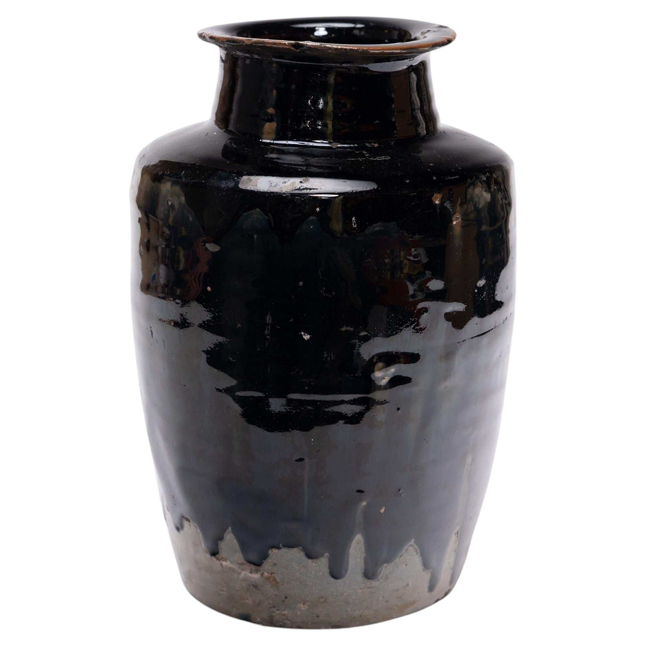 Antico vaso cinese per aceto con smalto nero a goccia, inizio XX secolo