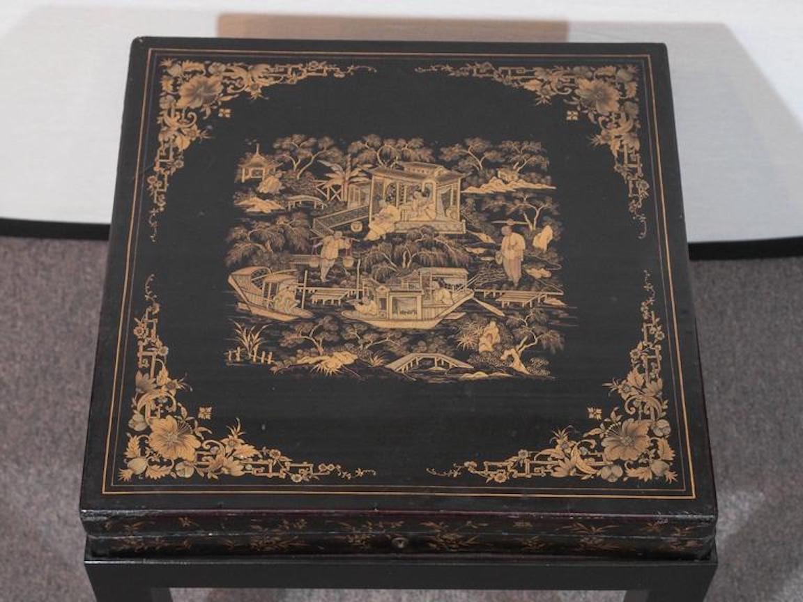 Antique Chinese Black Lacquer Game Box on Later Stand In Good Condition In New Orleans, LA