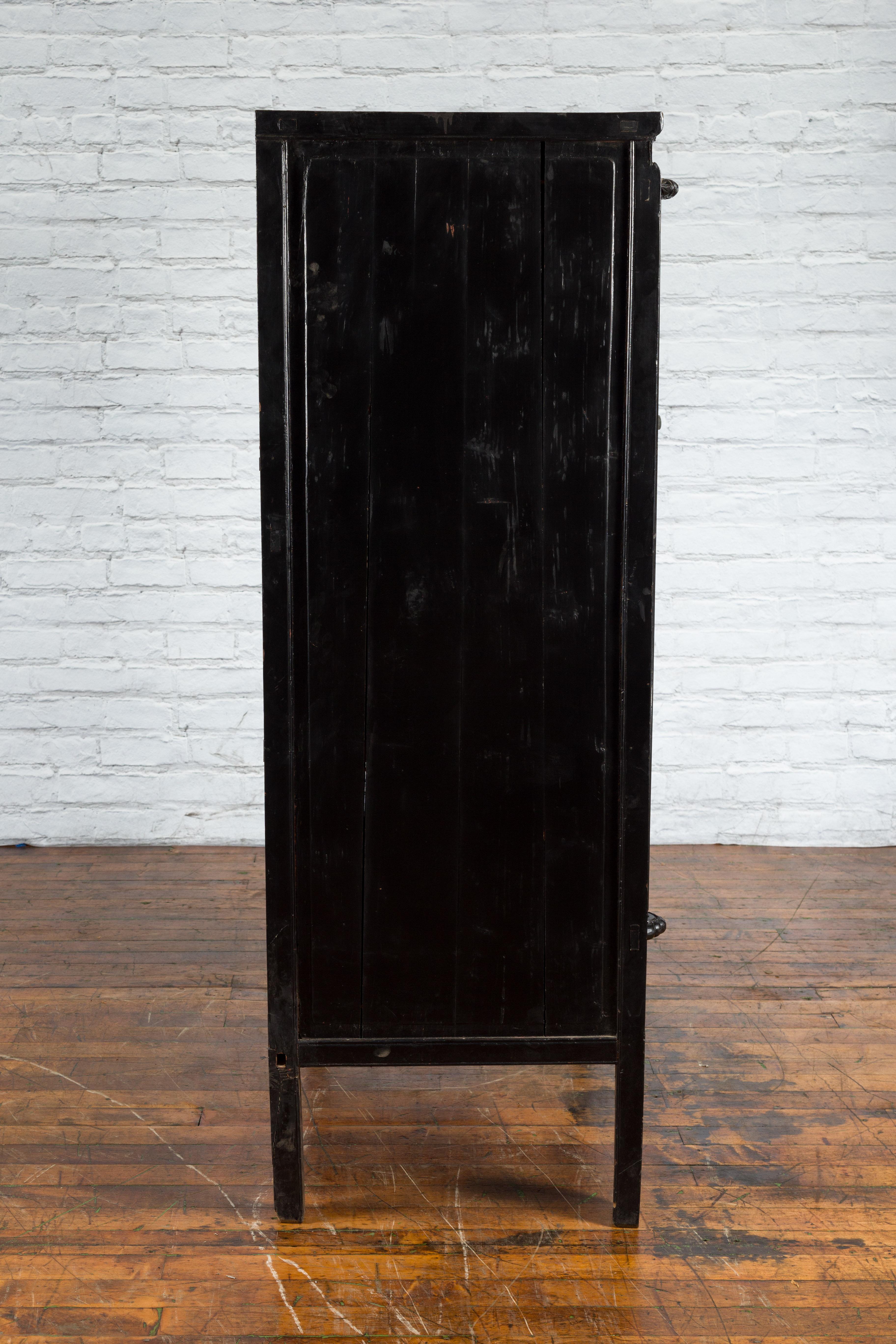 Antique Chinese Black Lacquer Wedding Cabinet with Oversized Brass Medallion For Sale 2