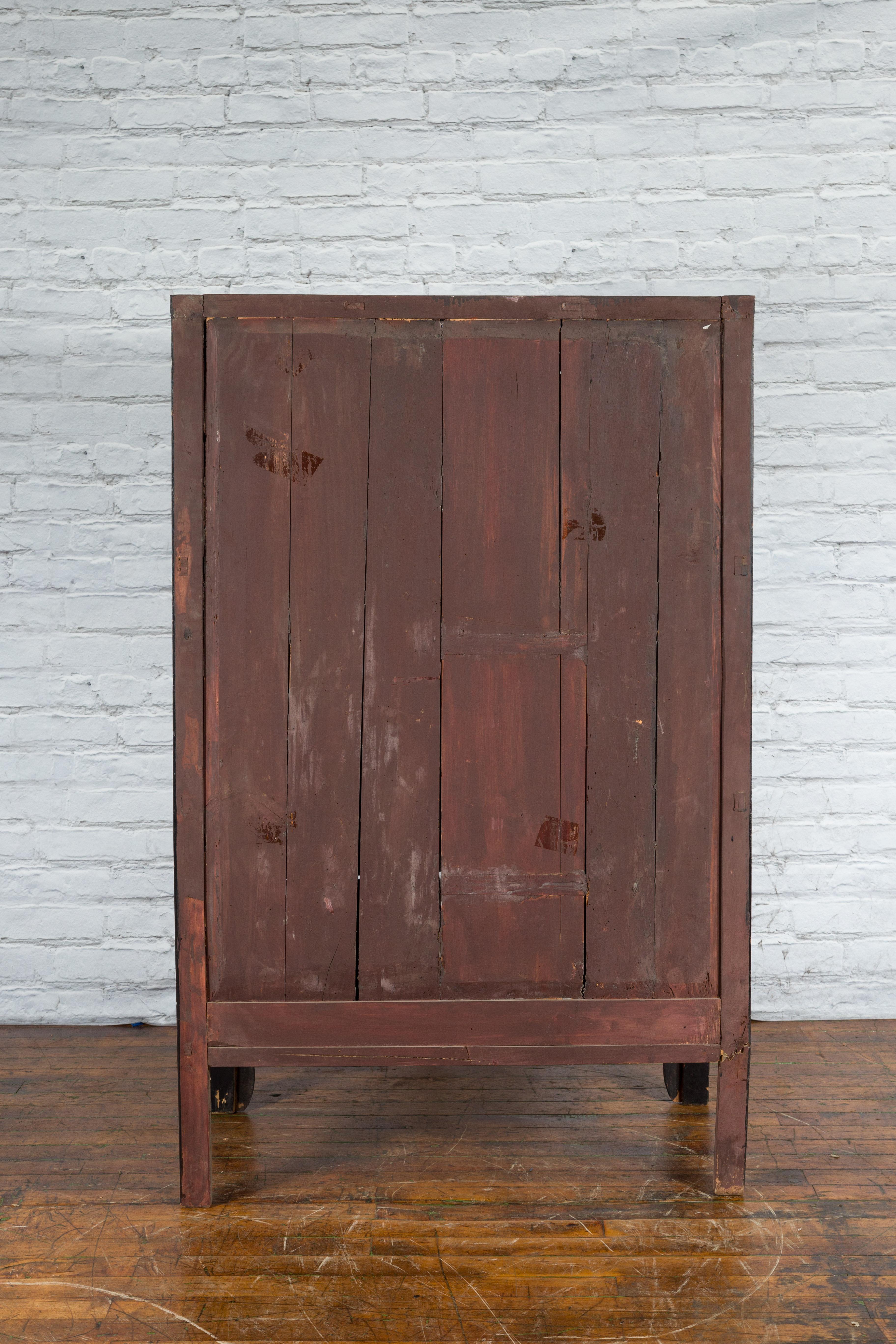 Antique Chinese Black Lacquer Wedding Cabinet with Oversized Brass Medallion For Sale 3