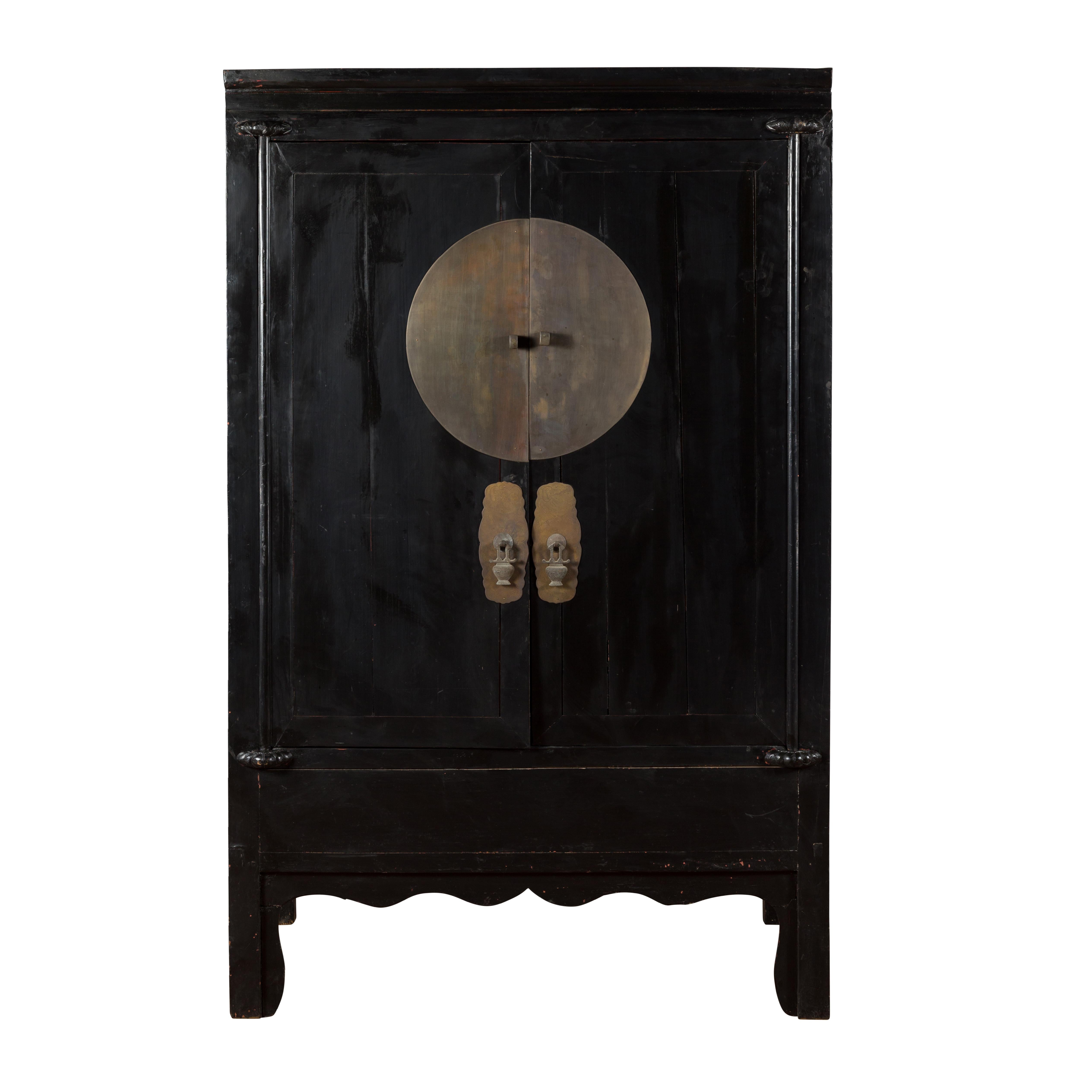 Antique Chinese Black Lacquer Wedding Cabinet with Oversized Brass Medallion For Sale 5