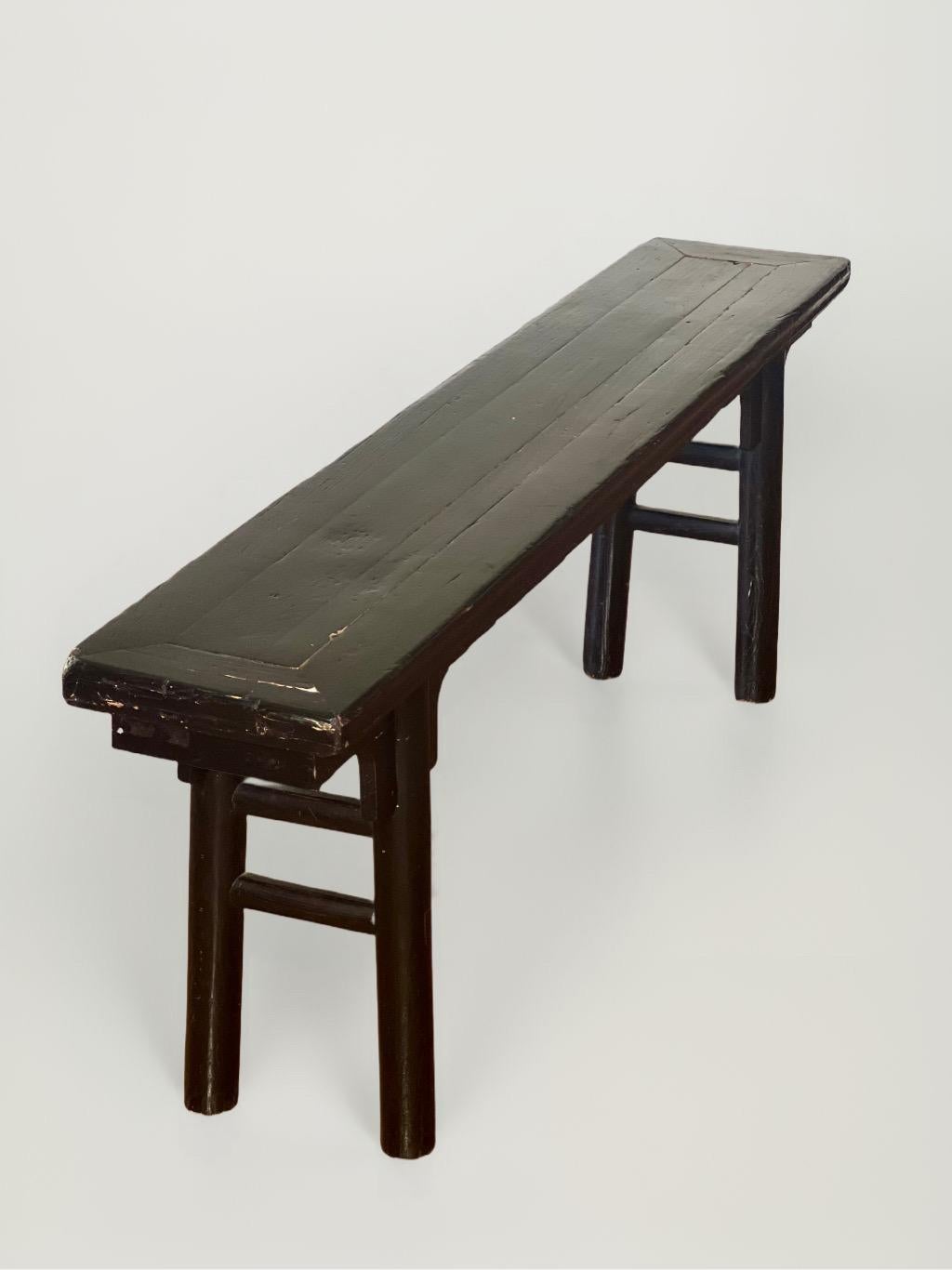 Carved Antique Chinese Black Lacquered Bench