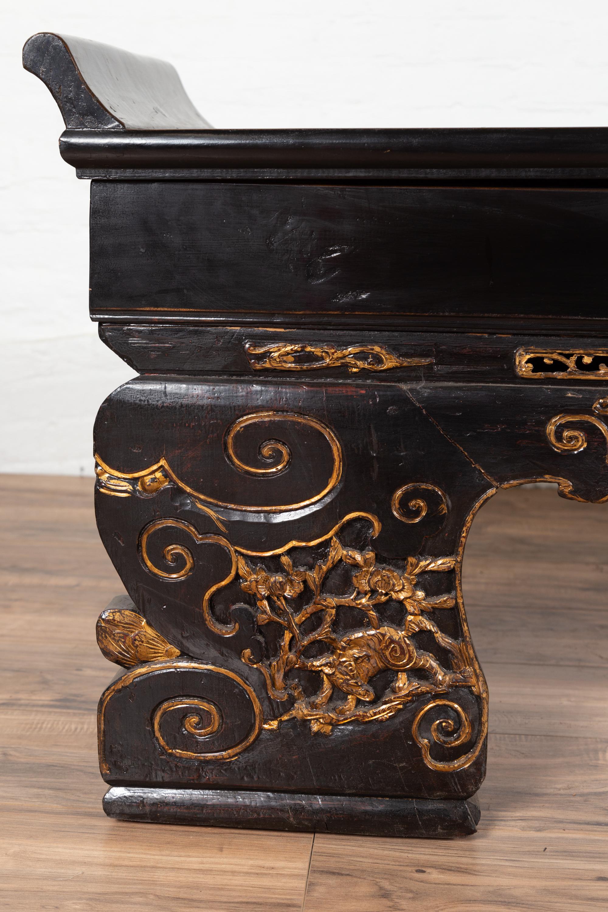 Ming Antique Chinese Black Lacquered Bench with Hidden Storage and Gilt Décor