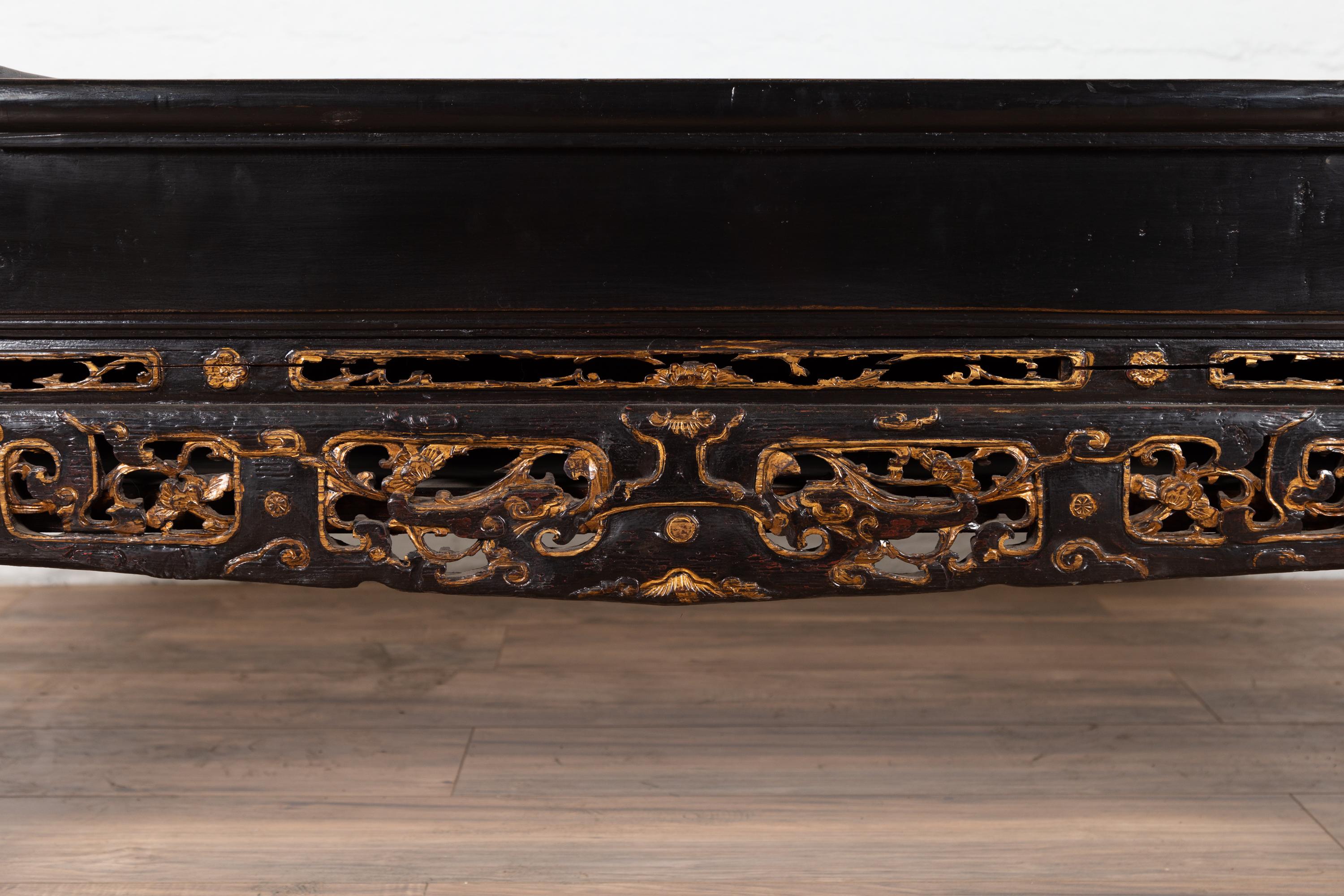 Carved Antique Chinese Black Lacquered Bench with Hidden Storage and Gilt Décor
