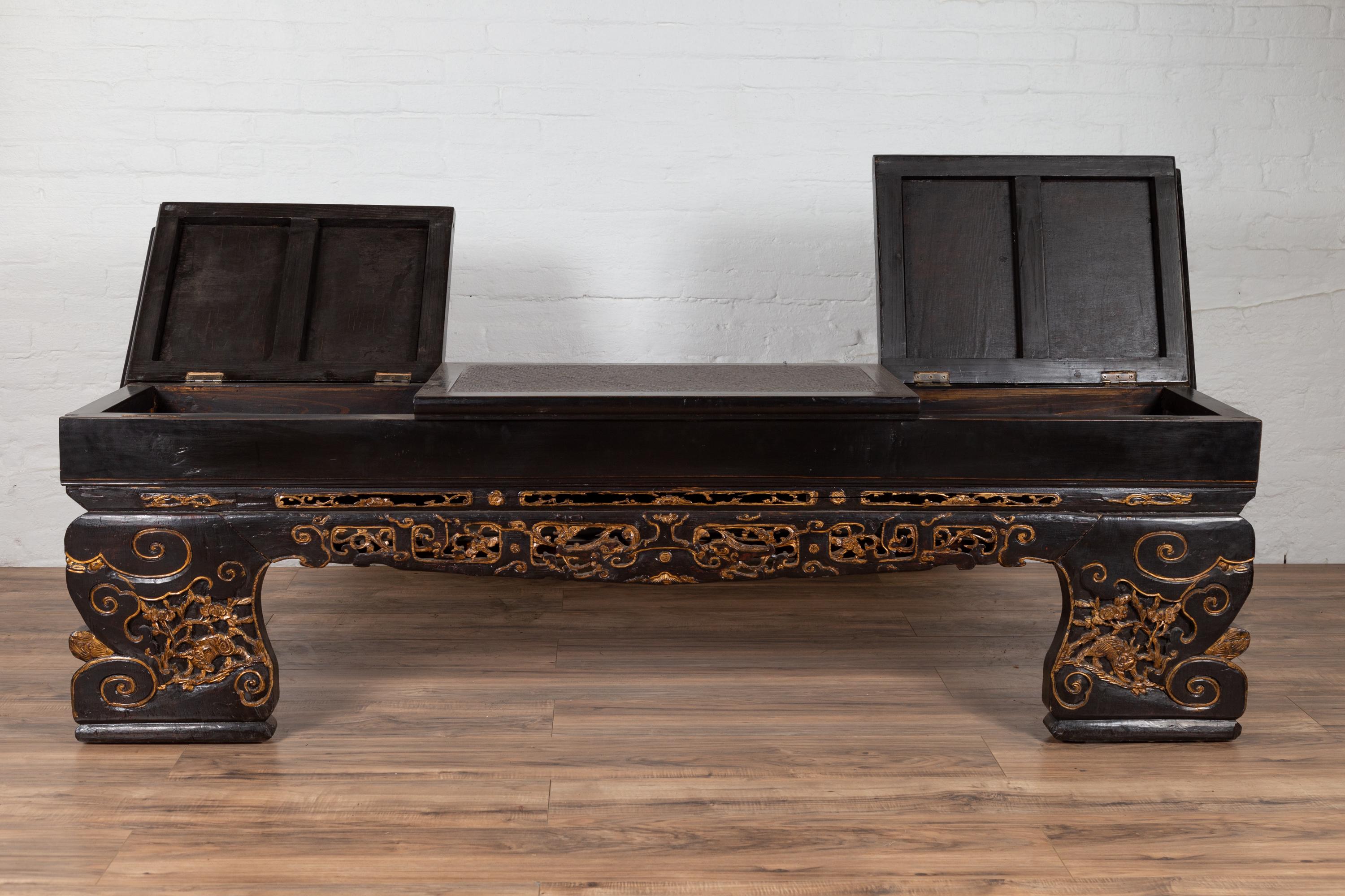Antique Chinese Black Lacquered Bench with Hidden Storage and Gilt Décor 1