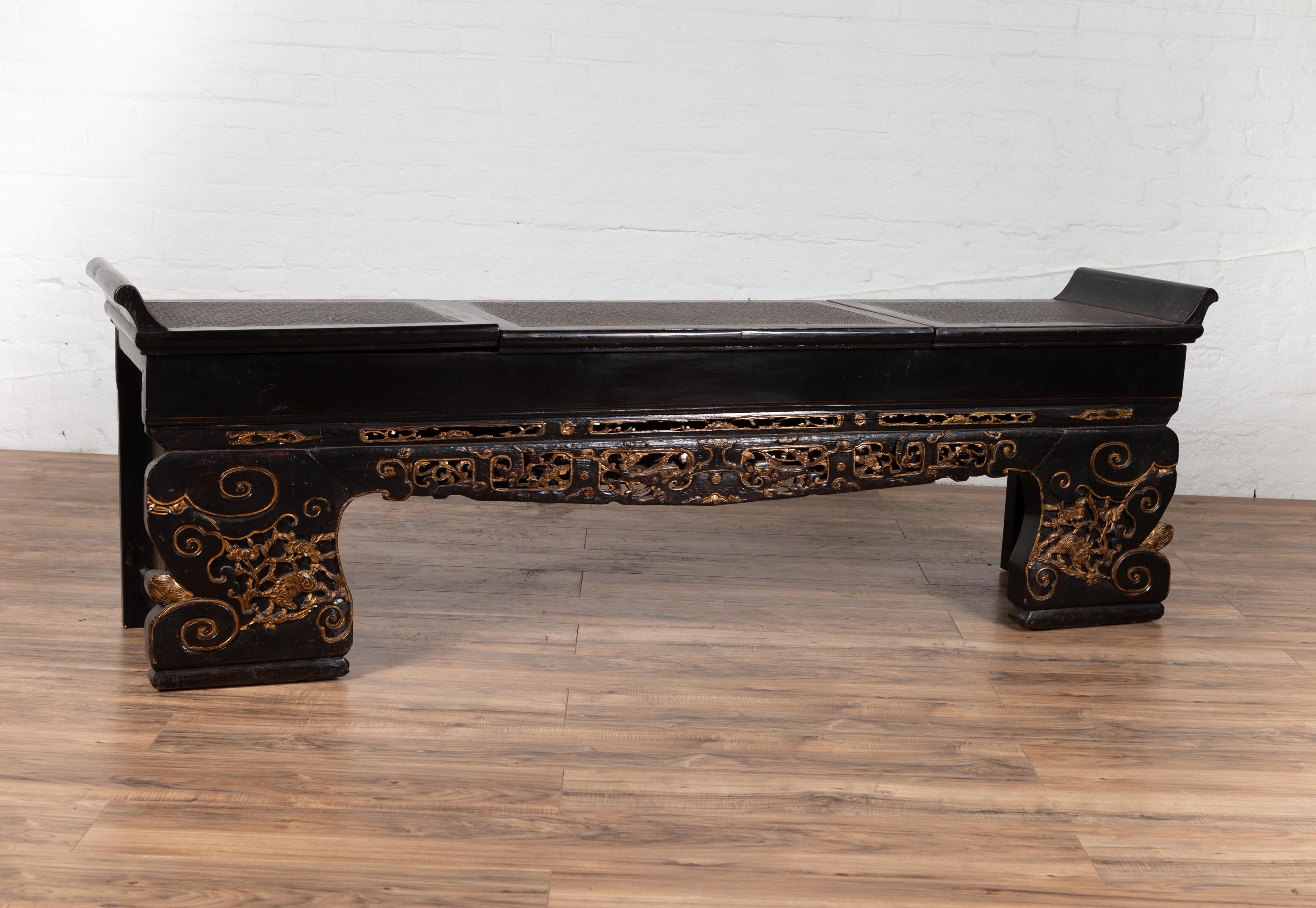 Antique Chinese Black Lacquered Bench with Hidden Storage and Gilt Décor 2