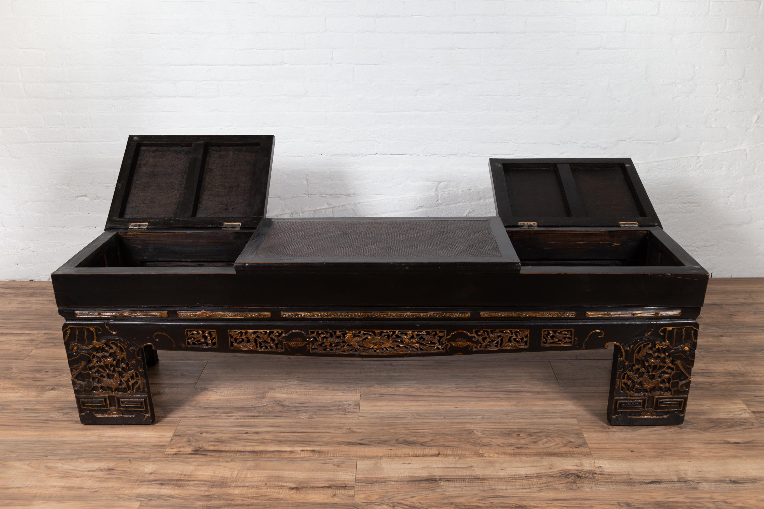 Antique Chinese Black Lacquered Bench with Hidden Storage, Rattan and Gilt Décor 3