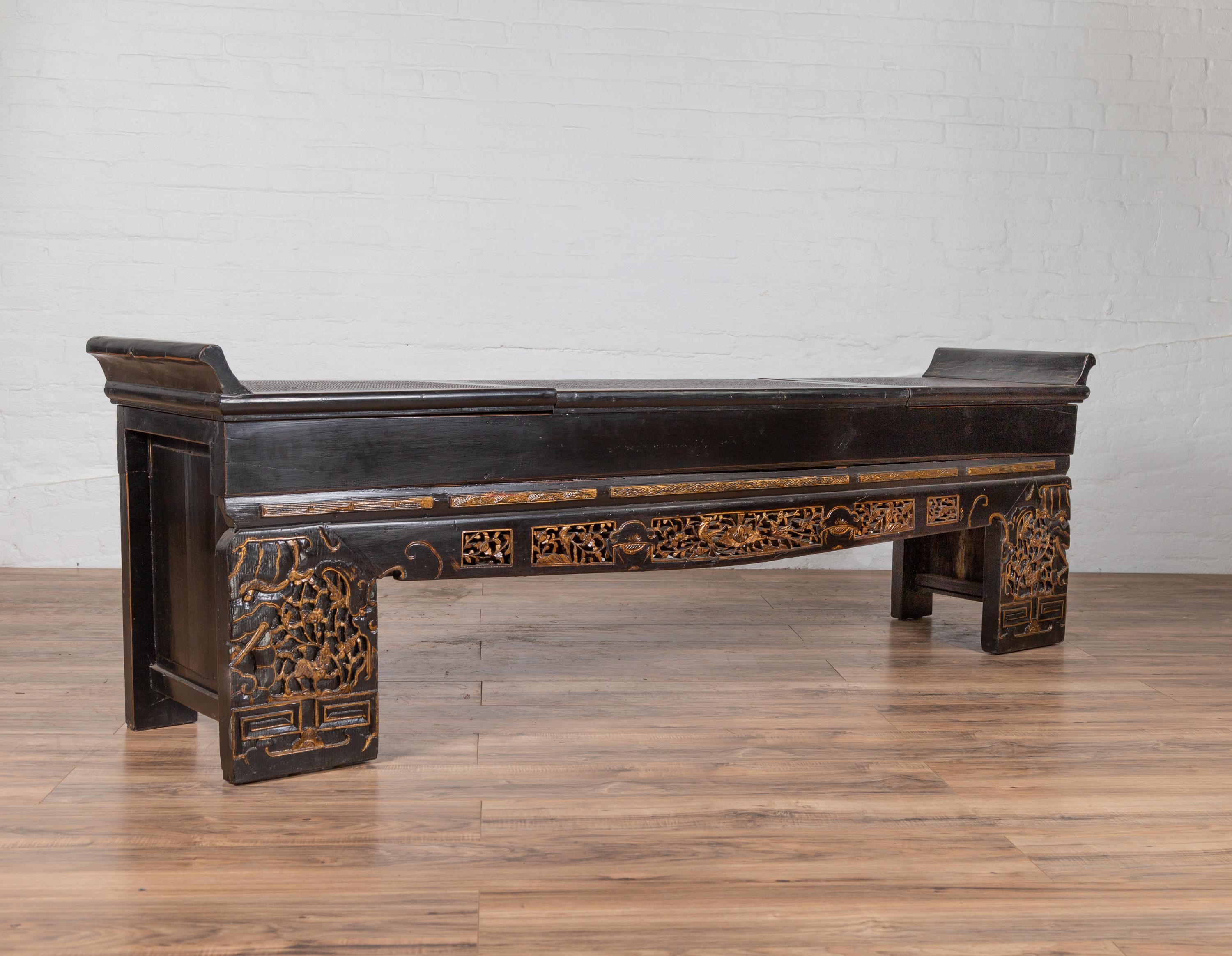Antique Chinese Black Lacquered Bench with Hidden Storage, Rattan and Gilt Décor 4