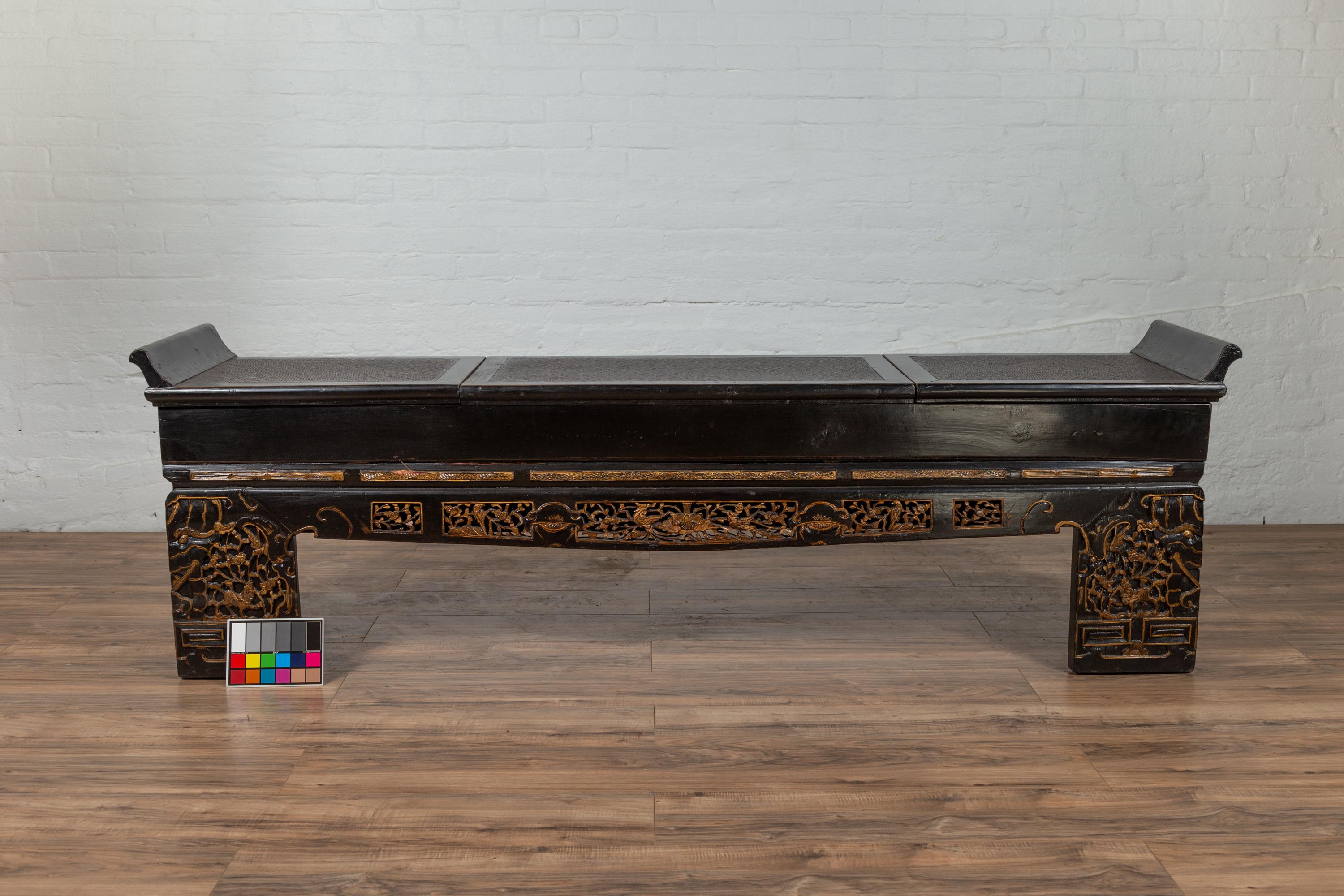 Antique Chinese Black Lacquered Bench with Hidden Storage, Rattan and Gilt Décor 7