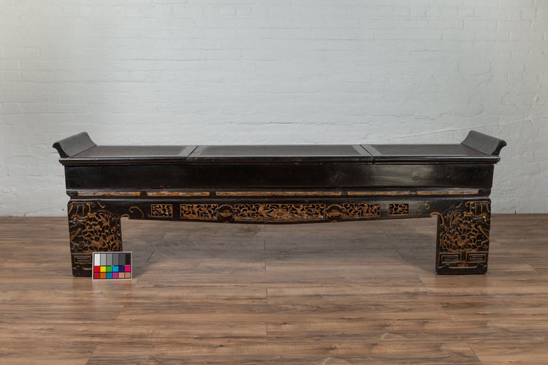 Antique Chinese Black Lacquered Bench with Hidden Storage, Rattan and ...