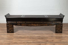 Antique Chinese Black Lacquered Bench with Hidden Storage, Rattan and Gilt Décor