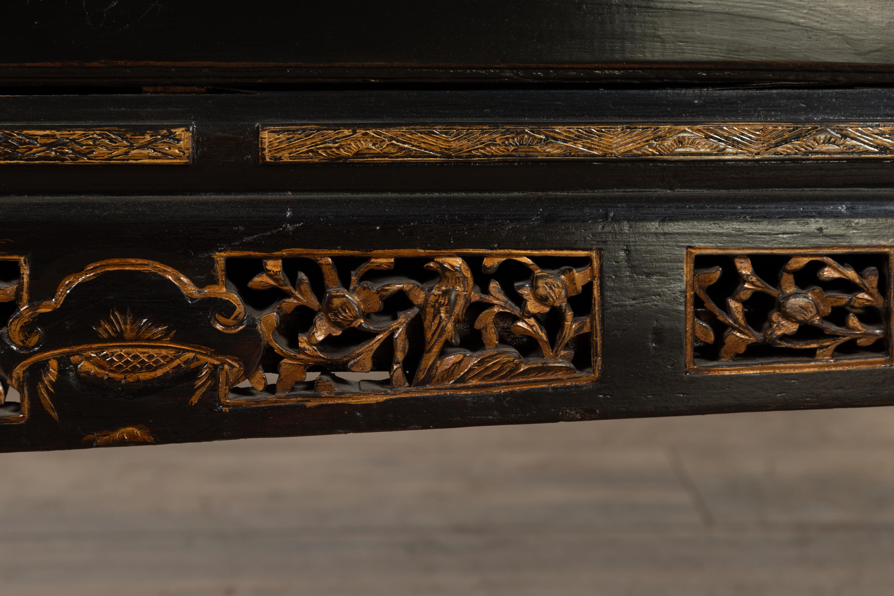 20th Century Antique Chinese Black Lacquered Bench with Hidden Storage, Rattan and Gilt Décor