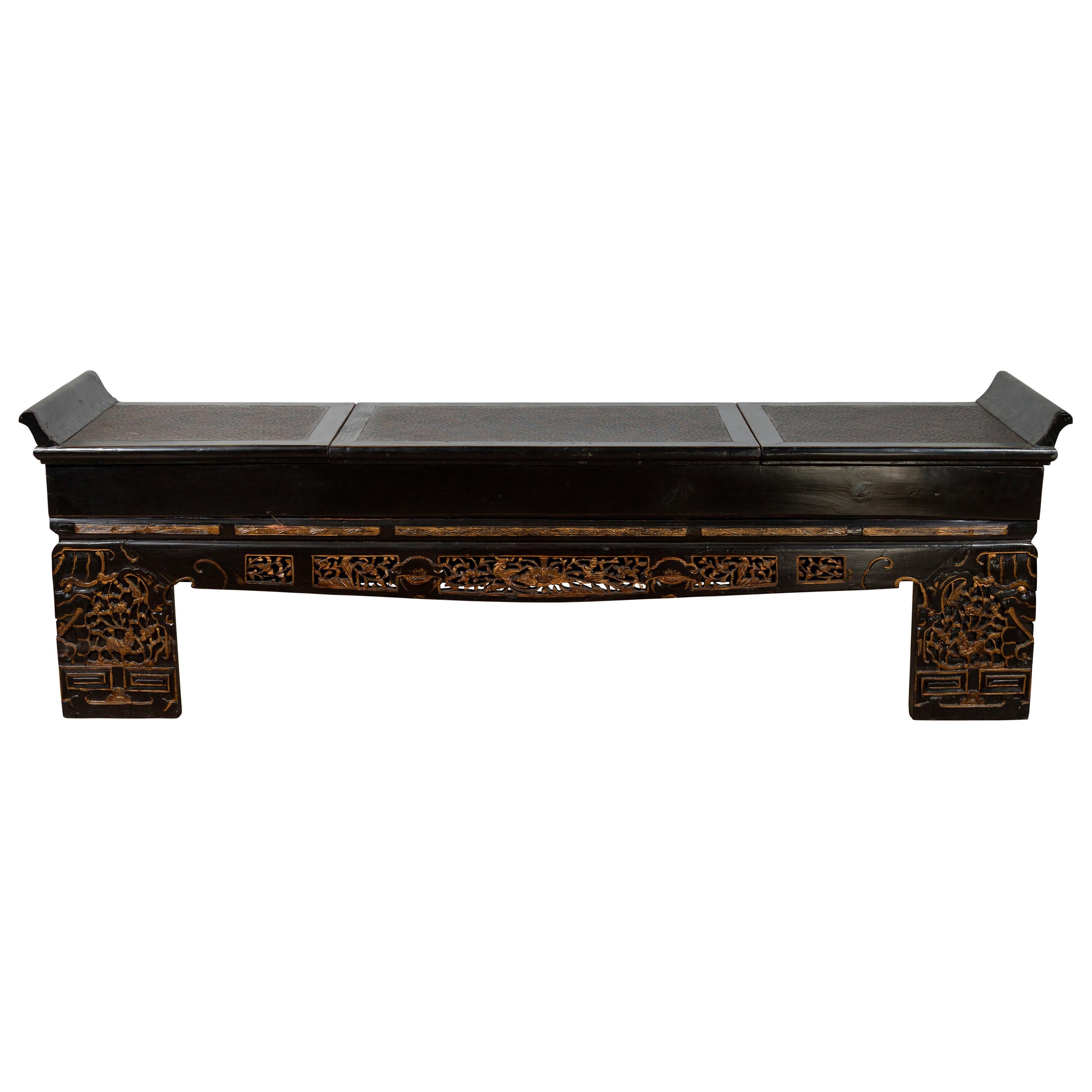 Antique Chinese Black Lacquered Bench with Hidden Storage, Rattan and Gilt Décor