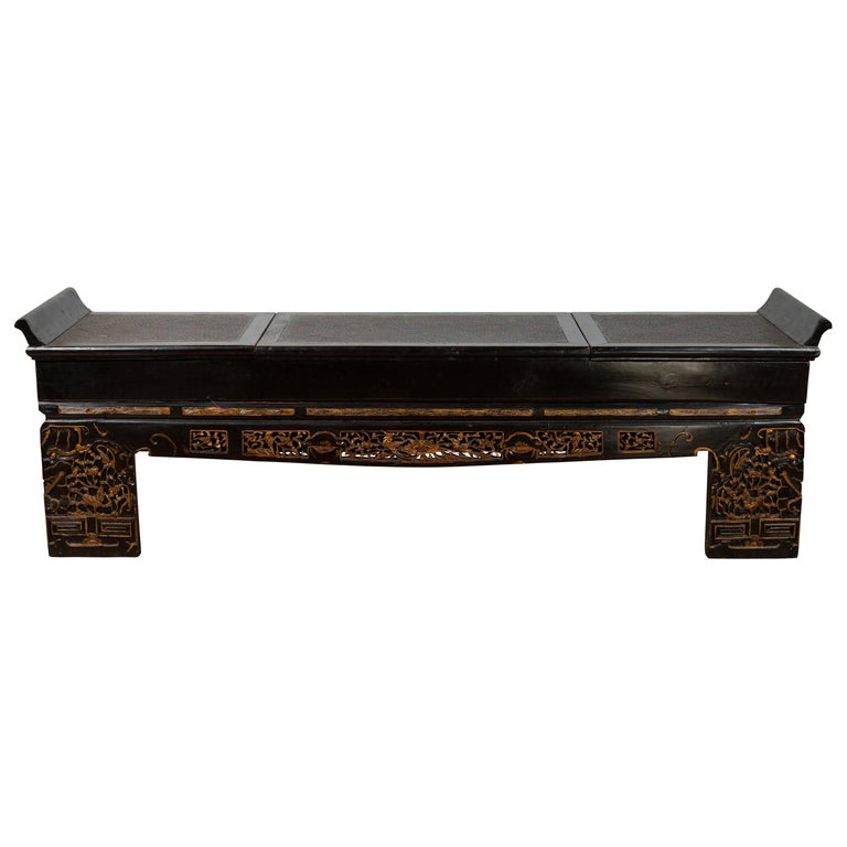 Antique Chinese Black Lacquered Bench with Hidden Storage, Rattan and ...