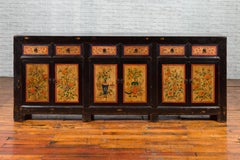Antique Chinese Black Lacquered Gansu Sideboard with Hand Painted Floral Motifs