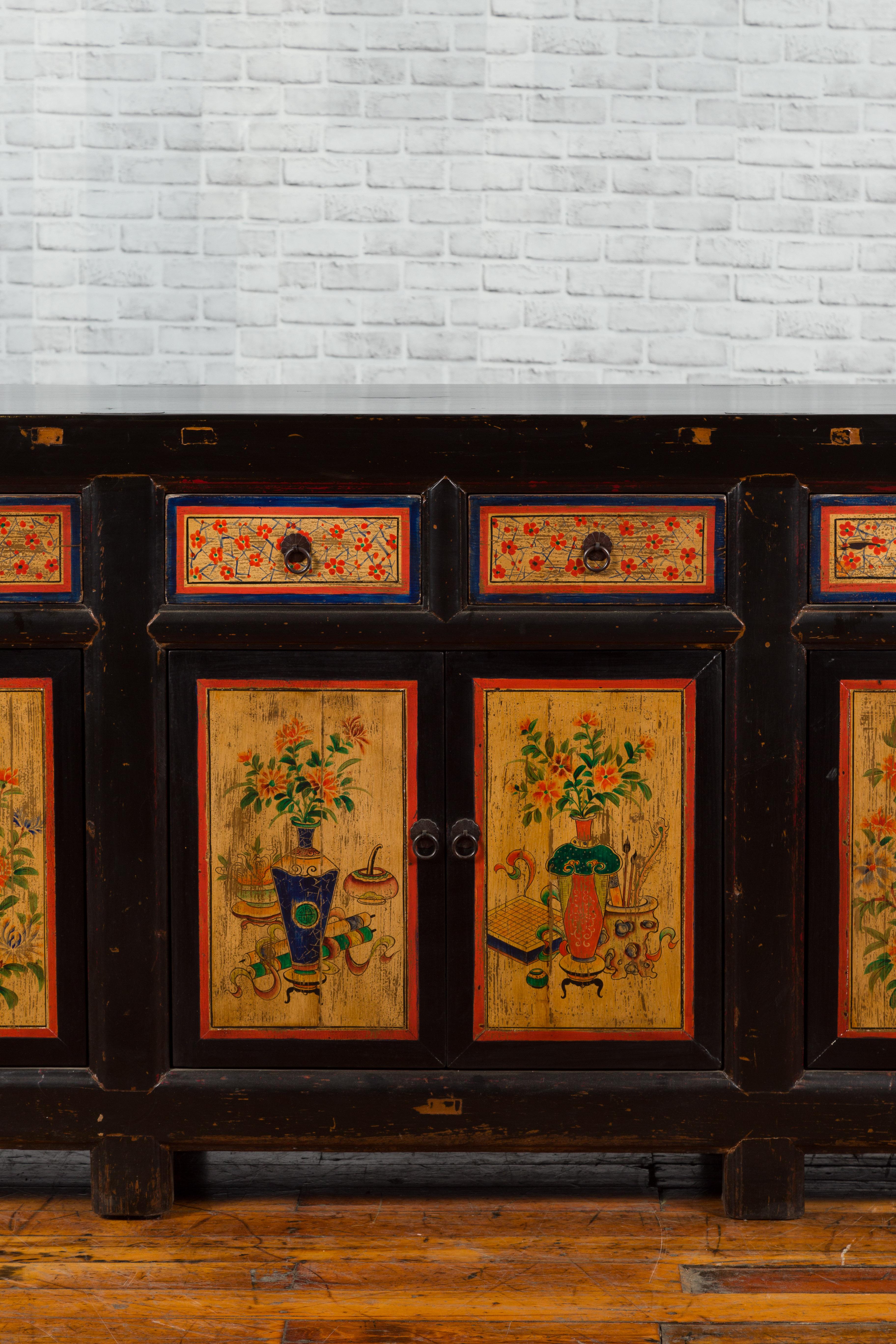 Antique Chinese Black Lacquered Gansu Sideboard with Hand Painted Floral Motifs In Good Condition In Yonkers, NY