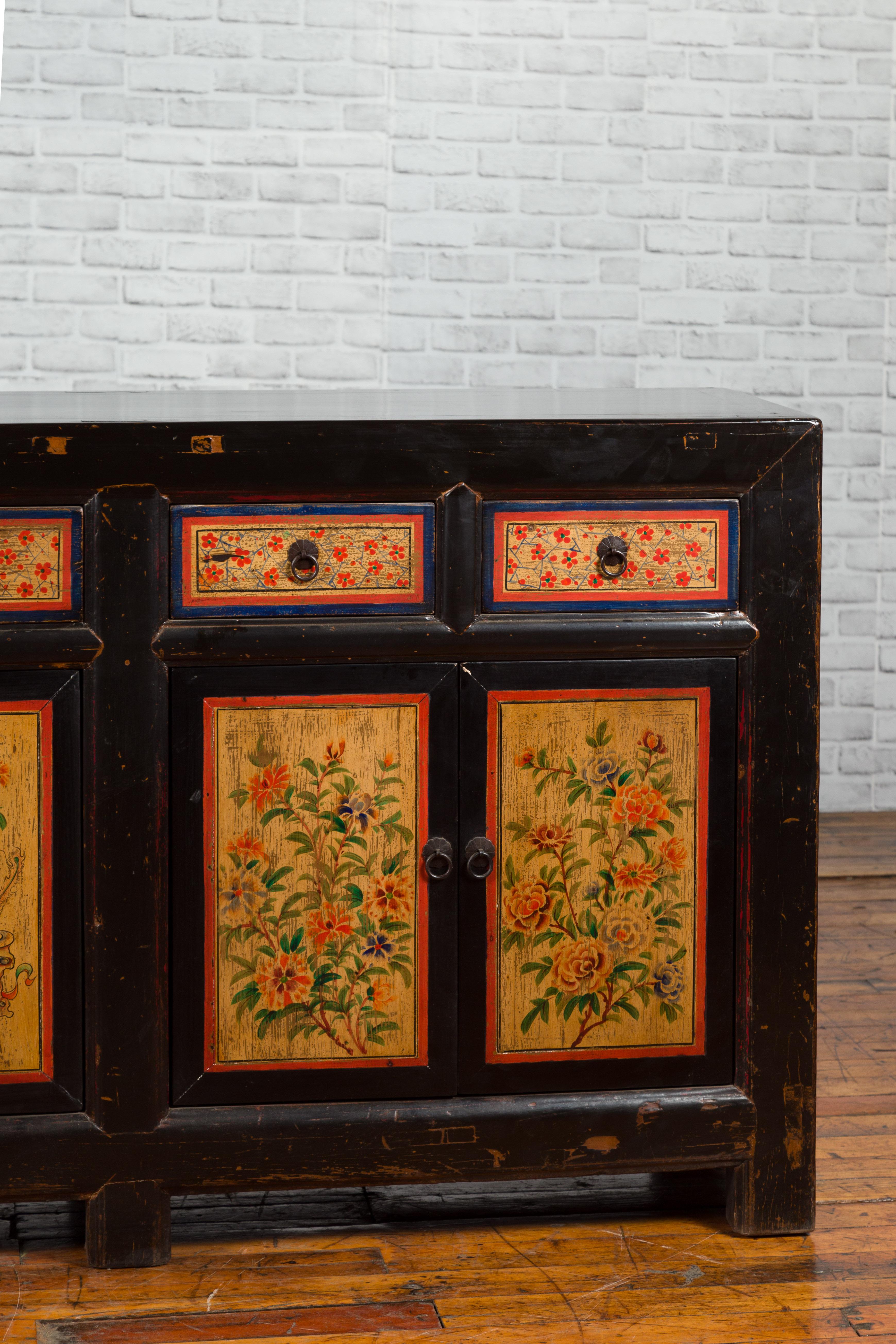 20th Century Antique Chinese Black Lacquered Gansu Sideboard with Hand Painted Floral Motifs