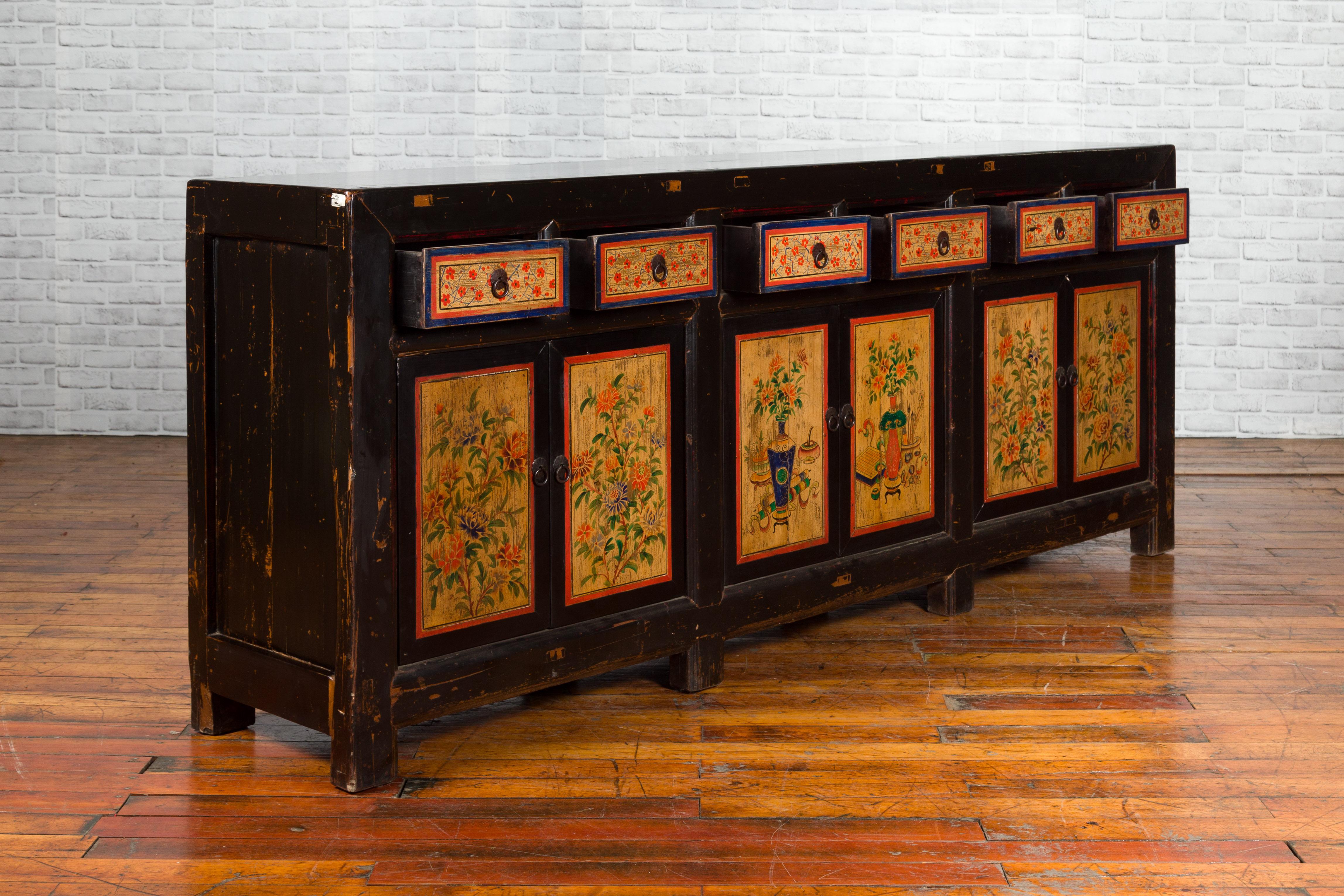 Wood Antique Chinese Black Lacquered Gansu Sideboard with Hand Painted Floral Motifs