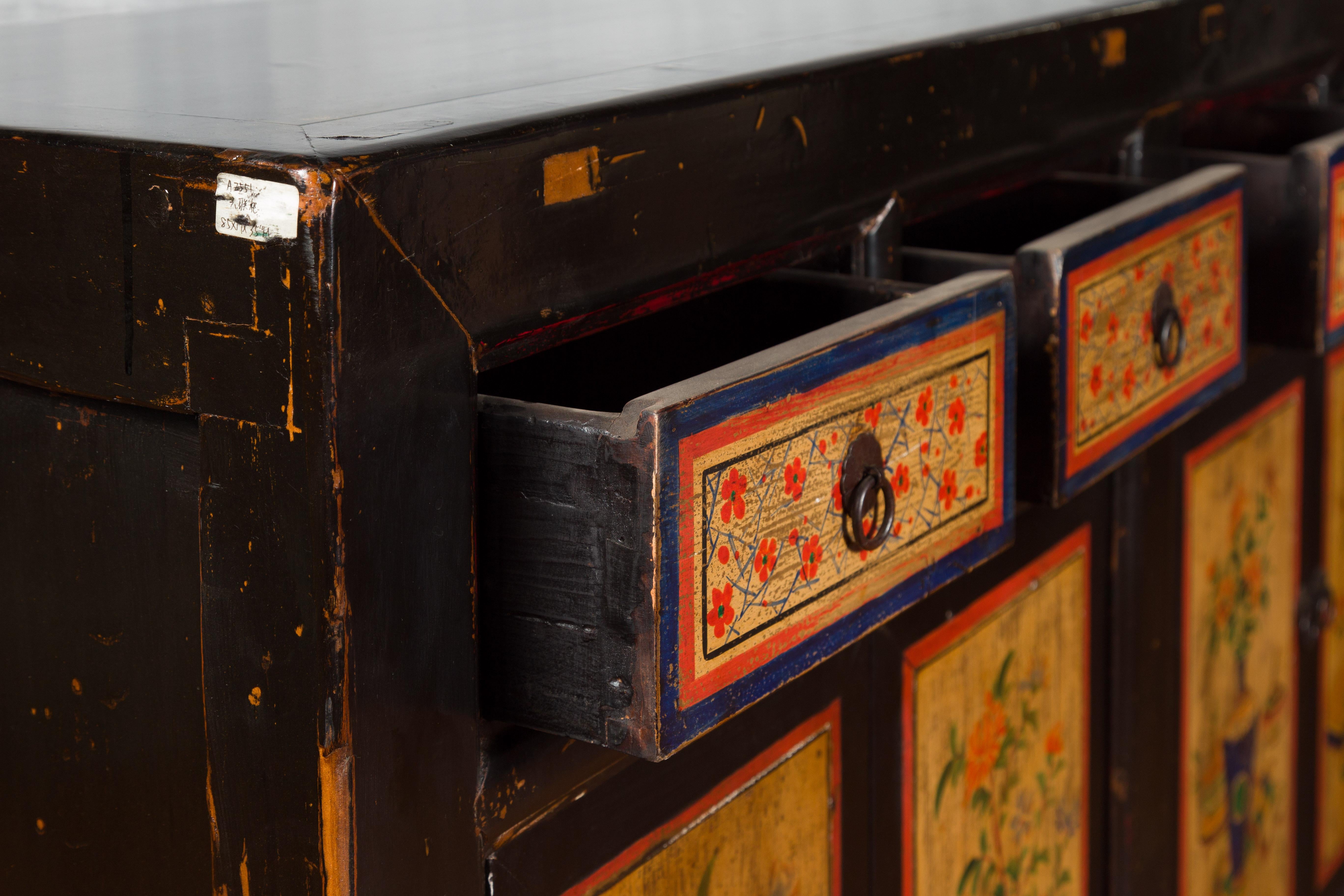 Antique Chinese Black Lacquered Gansu Sideboard with Hand Painted Floral Motifs 1