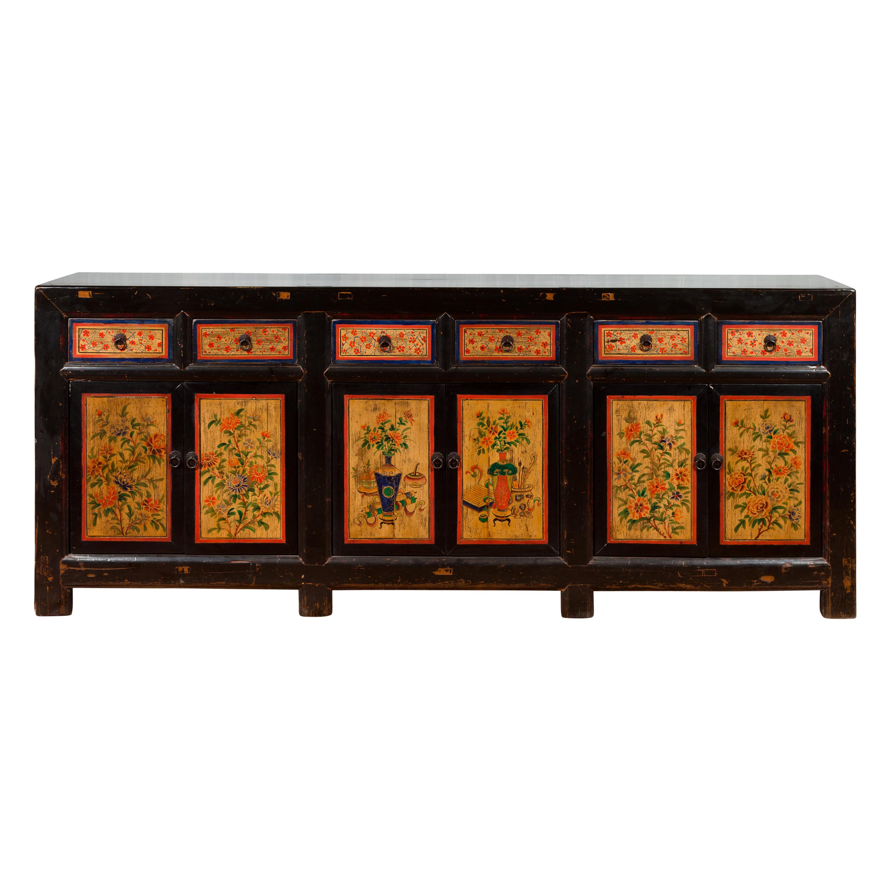 Antique Chinese Black Lacquered Gansu Sideboard with Hand Painted Floral Motifs