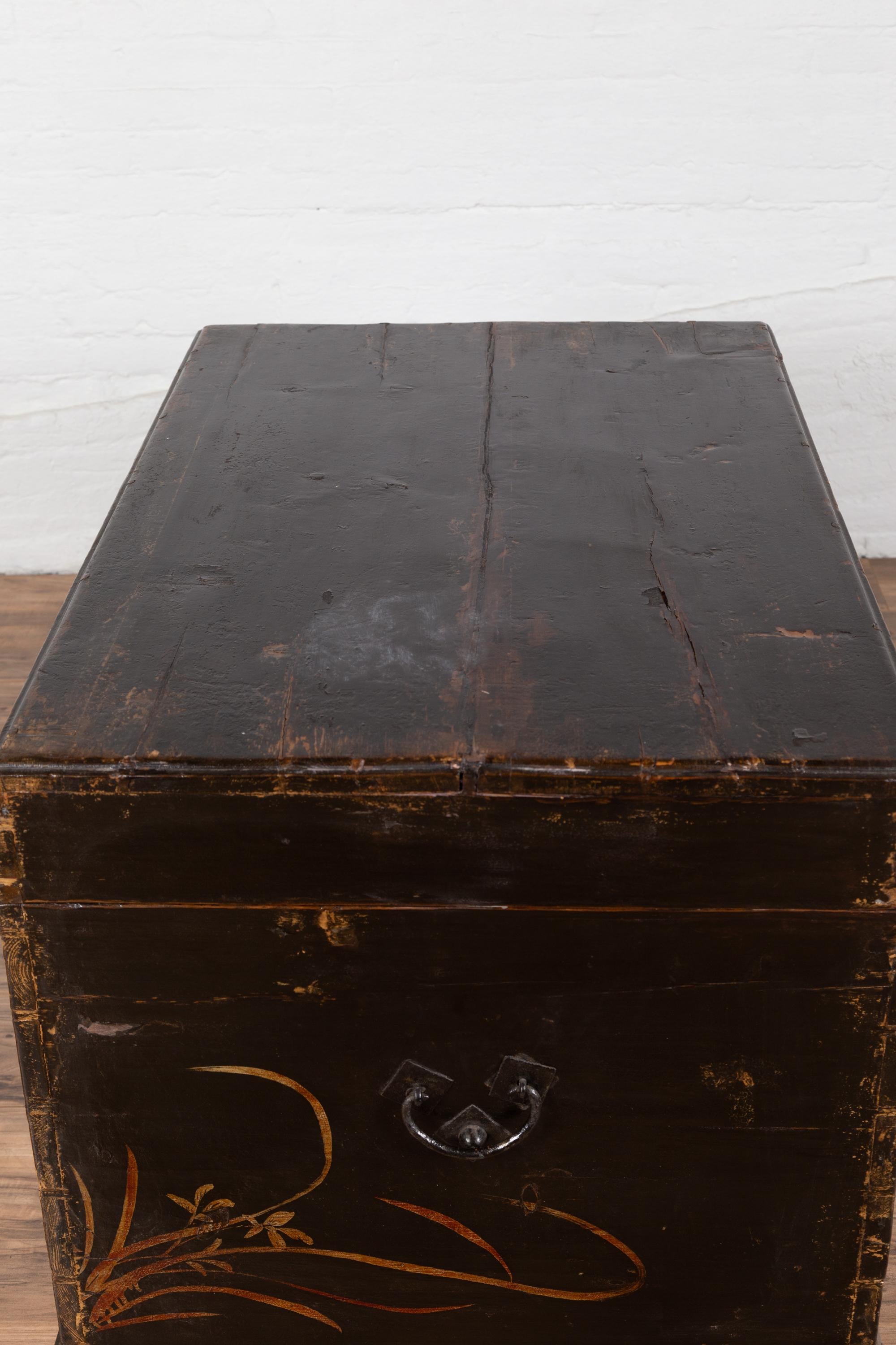 Antique Chinese Black Lacquered Trunk with Golden Floral Décor and Handles 9