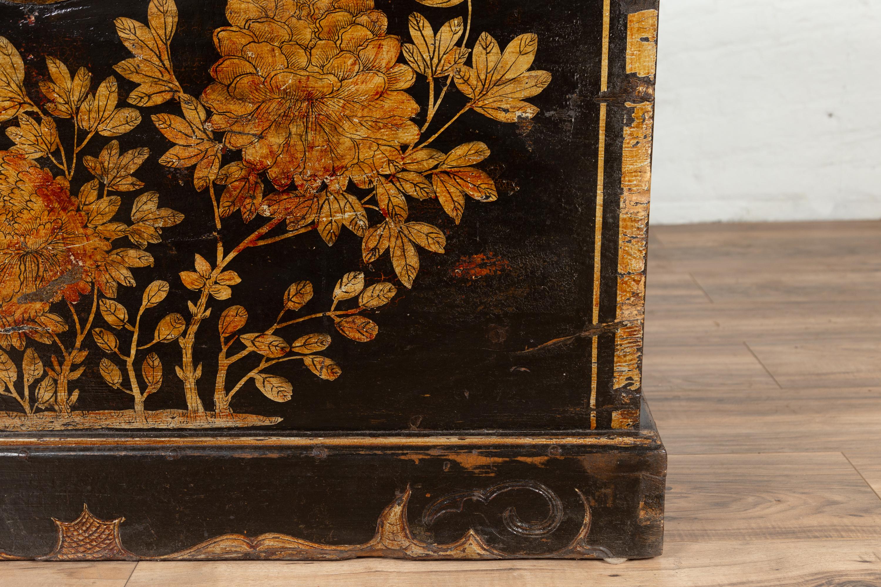 Wood Antique Chinese Black Lacquered Trunk with Golden Floral Décor and Handles