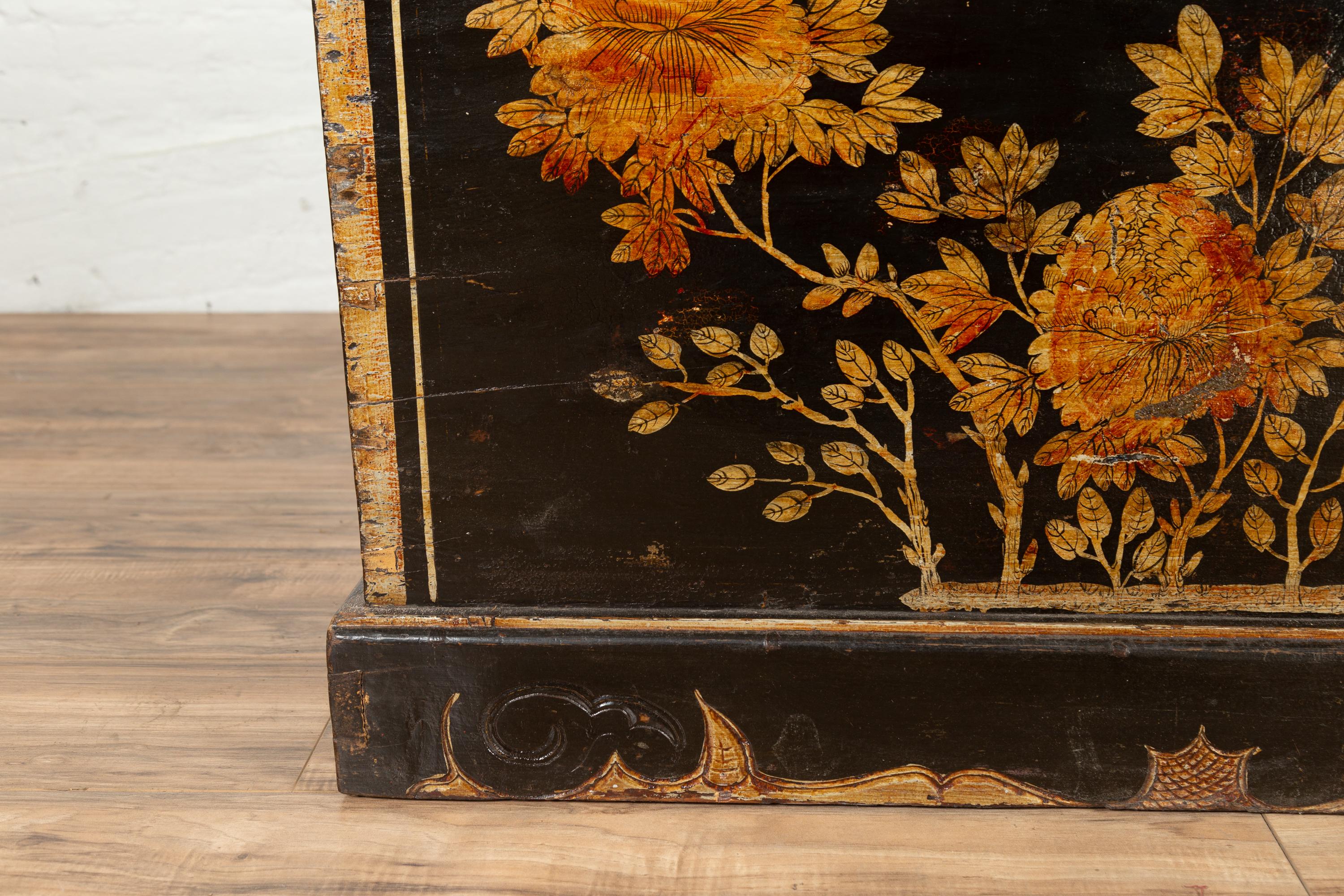 Antique Chinese Black Lacquered Trunk with Golden Floral Décor and Handles 1