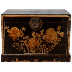 Antique Chinese Black Lacquered Trunk with Golden Floral Décor and Handles