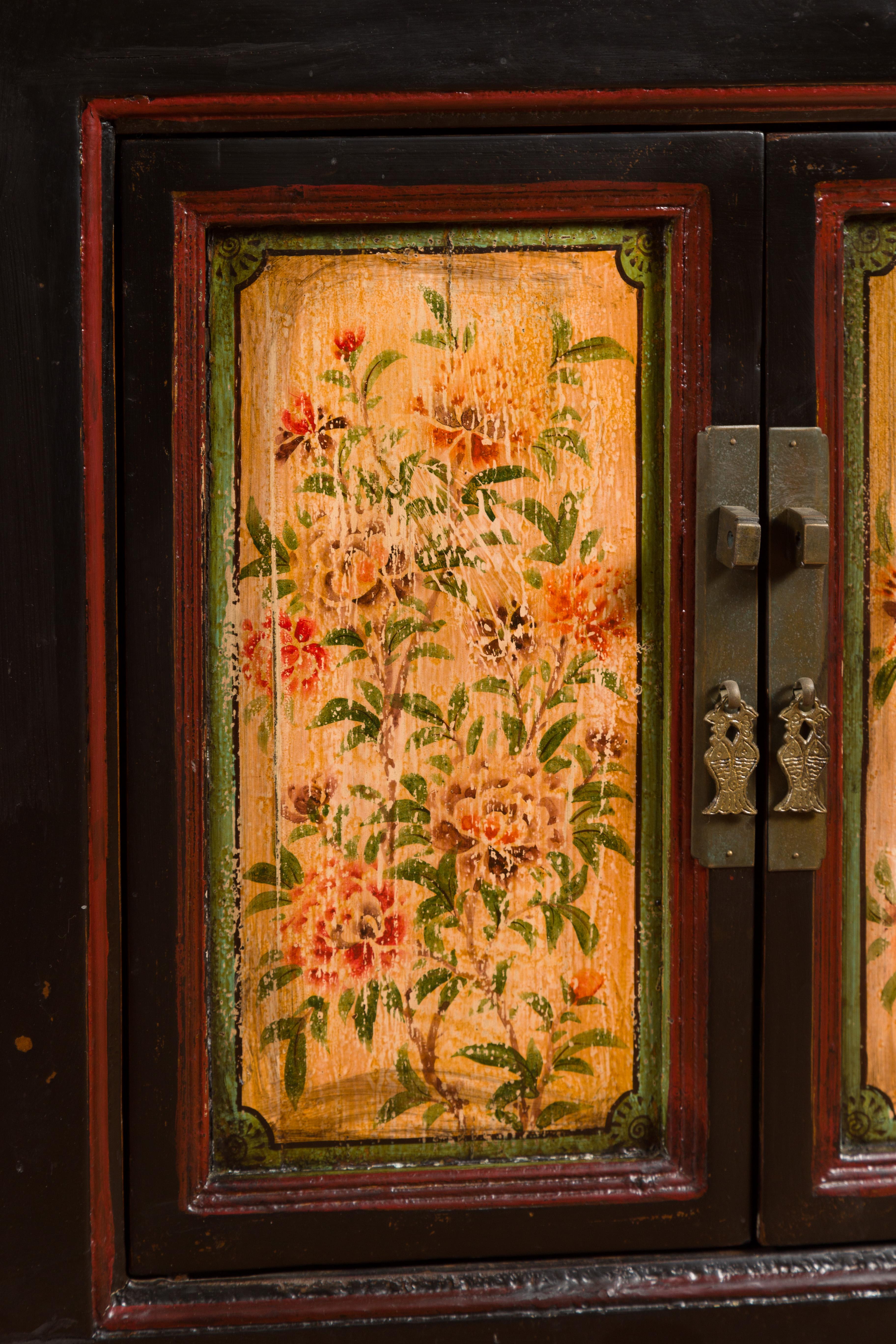 Antique Chinese Black Painted Gansu Sideboard with Hand Painted Floral Motifs 4