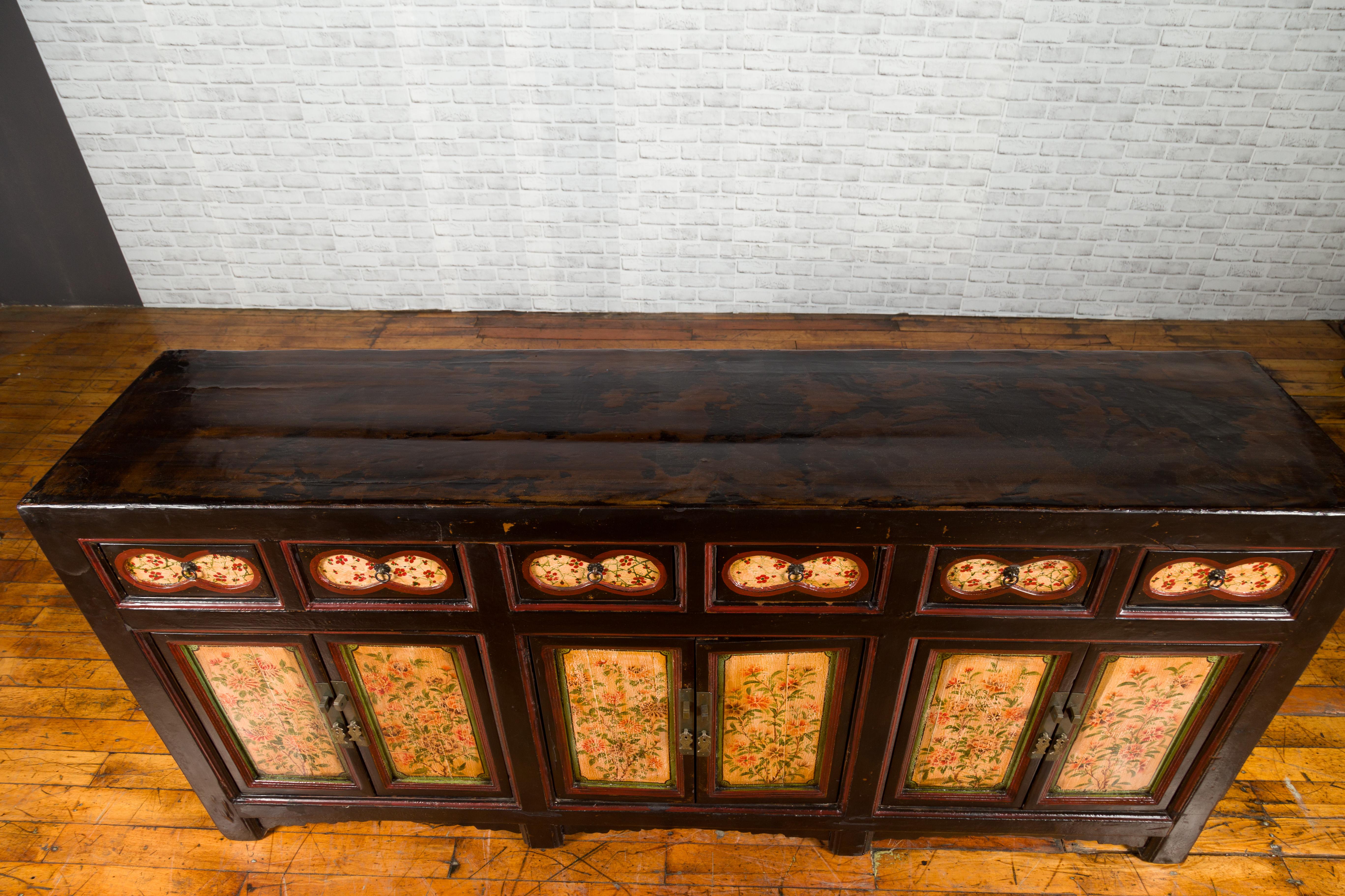 Antique Chinese Black Painted Gansu Sideboard with Hand Painted Floral Motifs 5