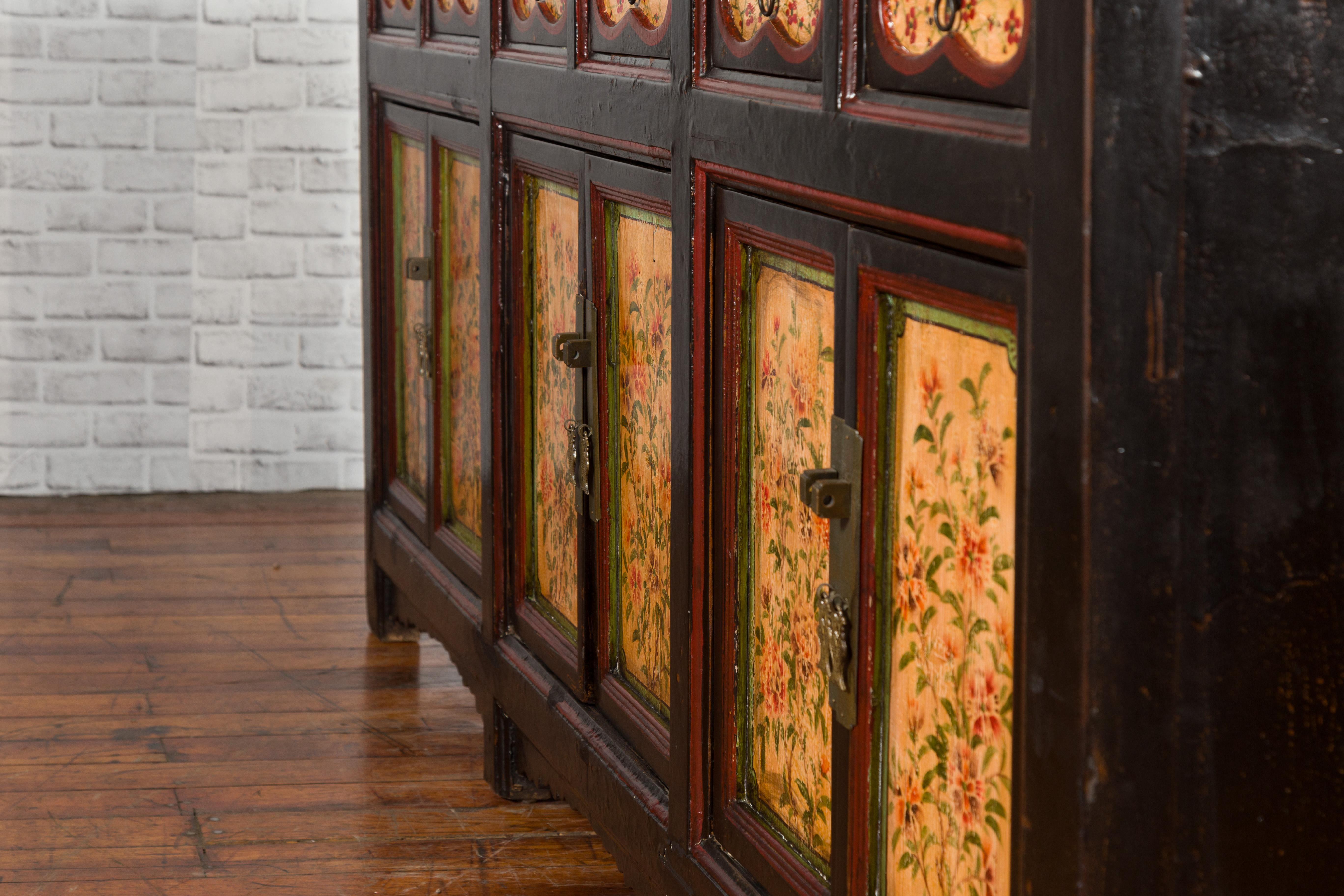 Antique Chinese Black Painted Gansu Sideboard with Hand Painted Floral Motifs 14