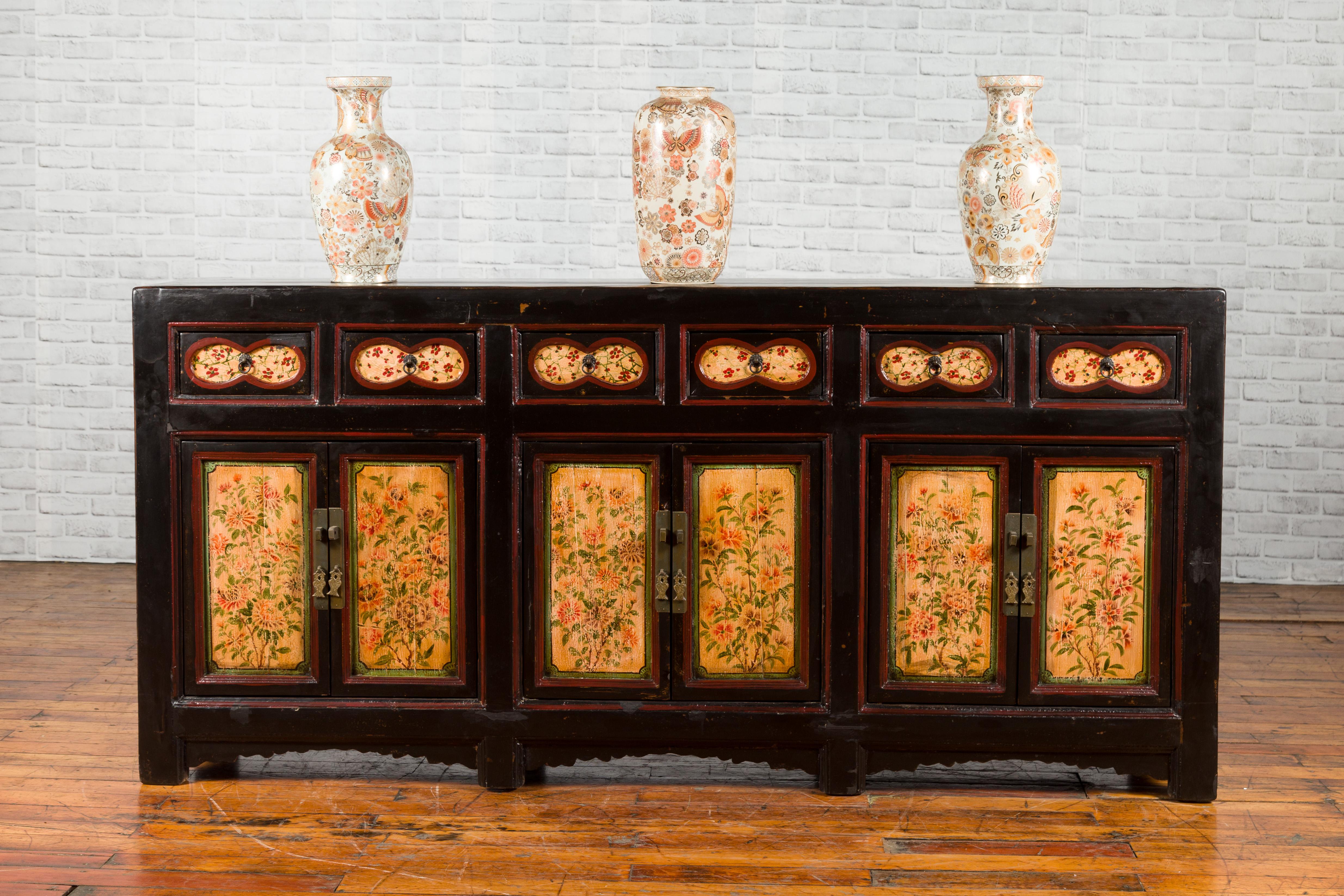 Hand-Painted Antique Chinese Black Painted Gansu Sideboard with Hand Painted Floral Motifs