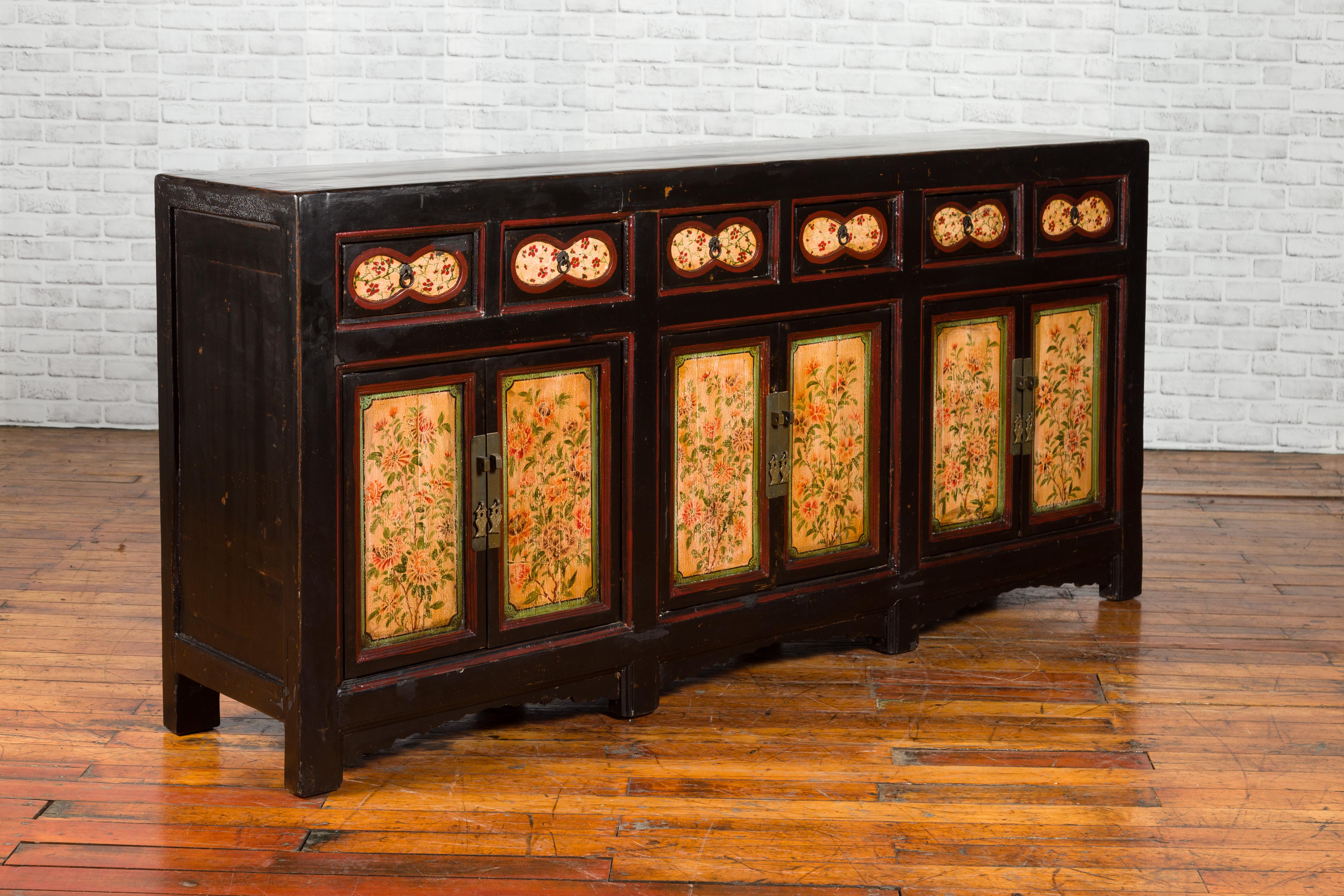 Antique Chinese Black Painted Gansu Sideboard with Hand Painted Floral Motifs In Good Condition In Yonkers, NY