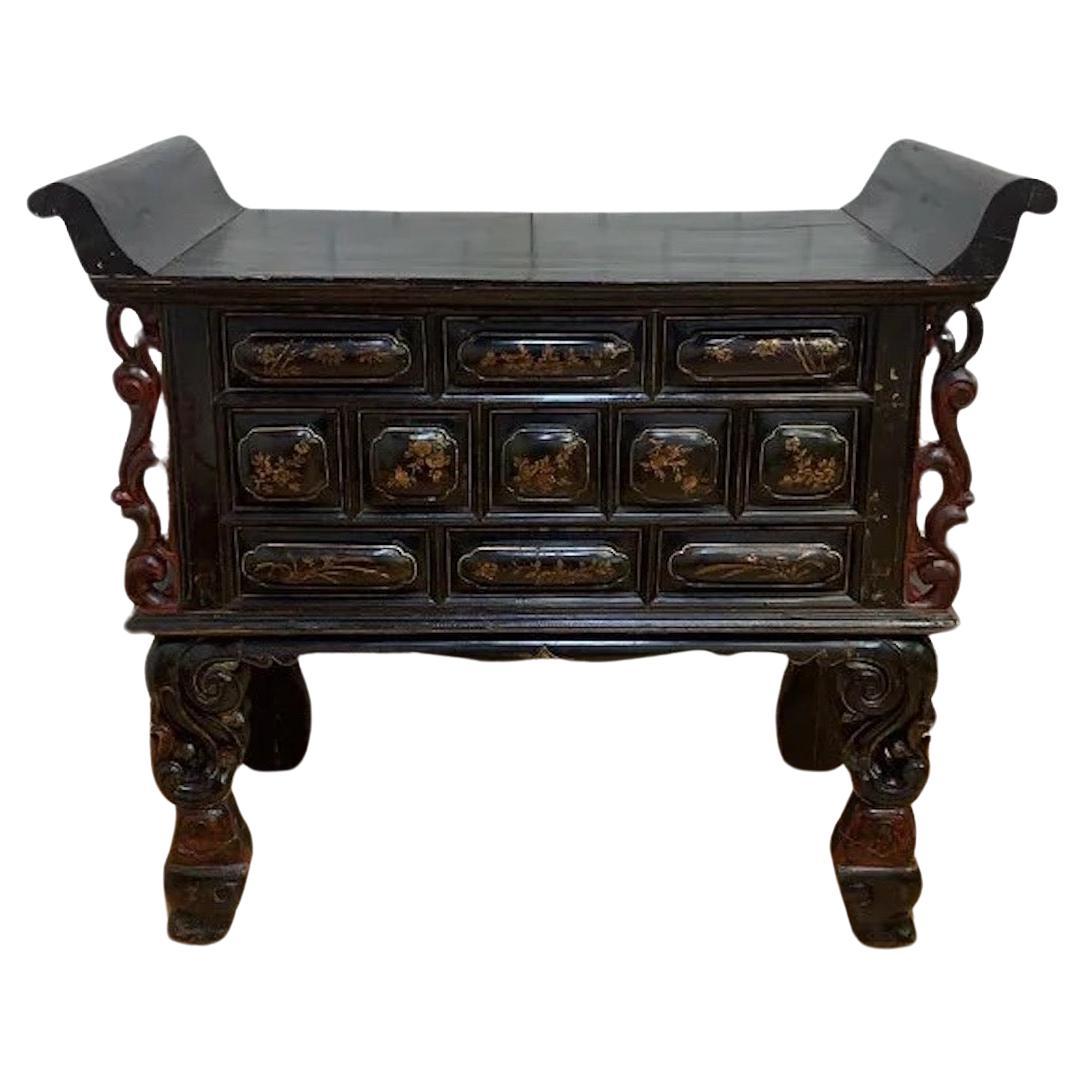 Antique Chinese Black & Red Lacquered Chinoiserie Altar Storage Chest