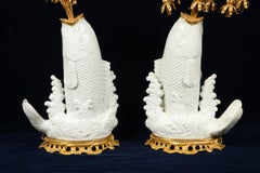 Antique Chinese Blanc de Chine Porcelain and Doré Bronze Mounted Fish Form Lamps