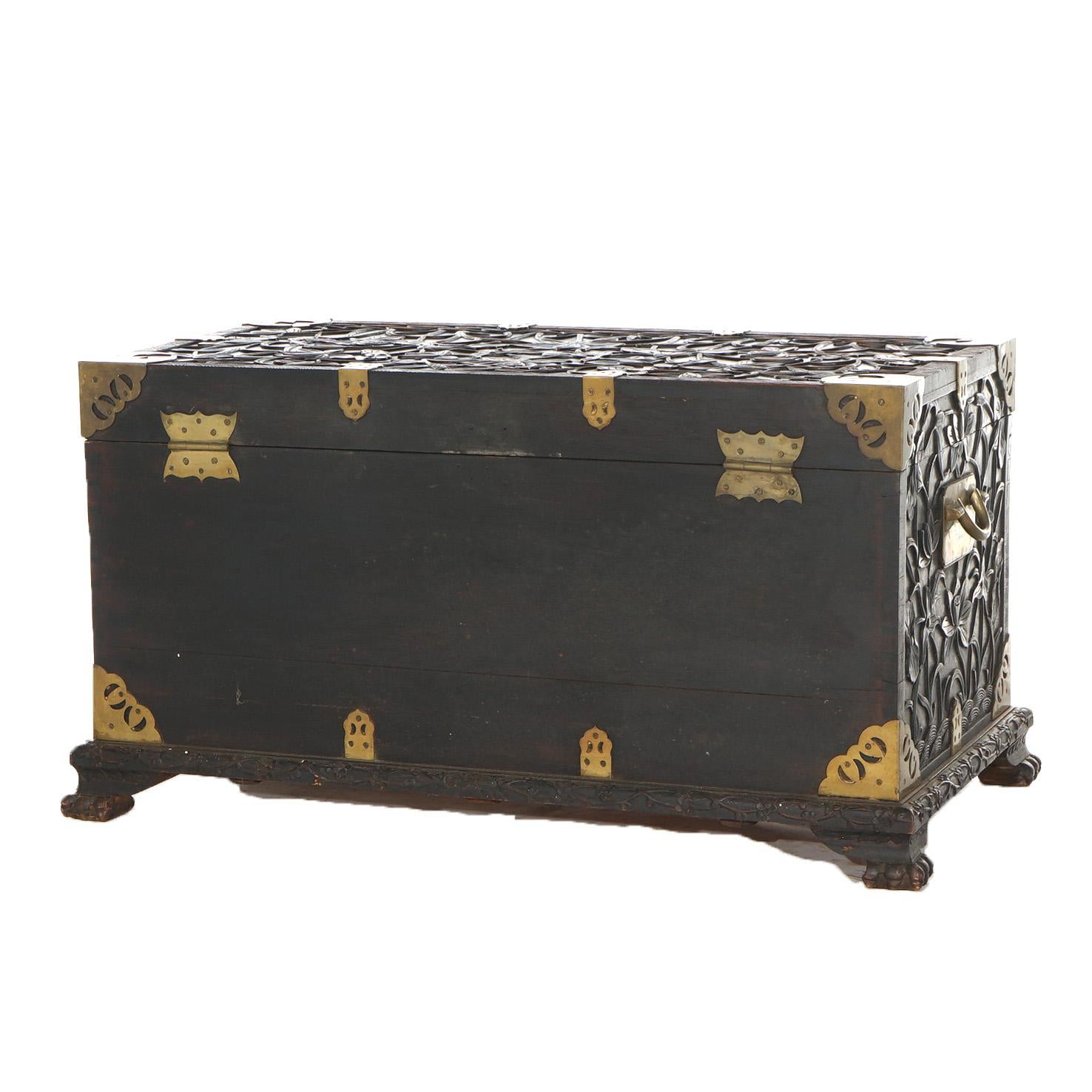 Antique Chinese Blanket Wedding Chest Carved in Relief with Floral Design C1890 For Sale 4