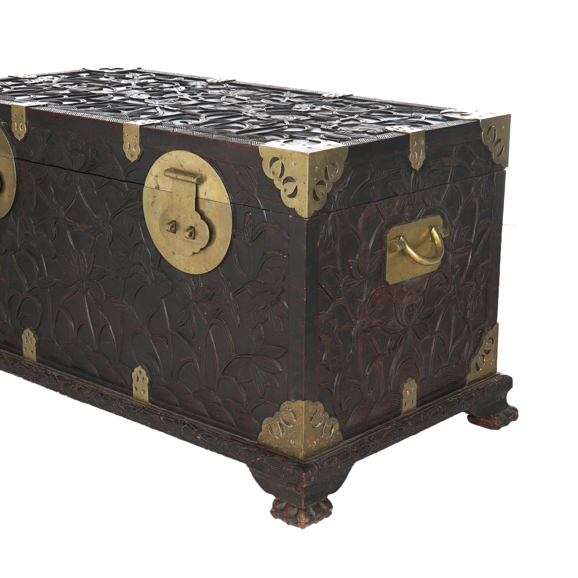 Antique Chinese Blanket Wedding Chest Carved in Relief with Floral Design C1890 For Sale 5