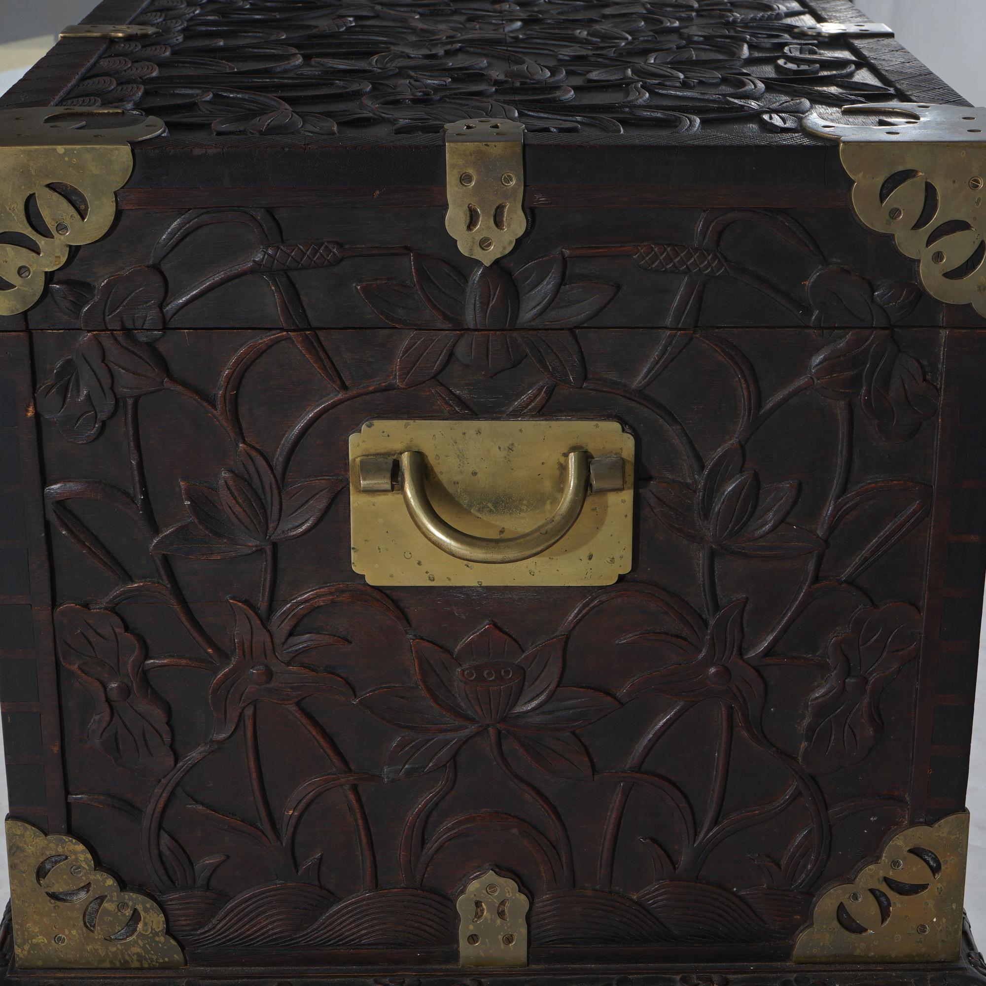Antique Chinese Blanket Wedding Chest Carved in Relief with Floral Design C1890 For Sale 6
