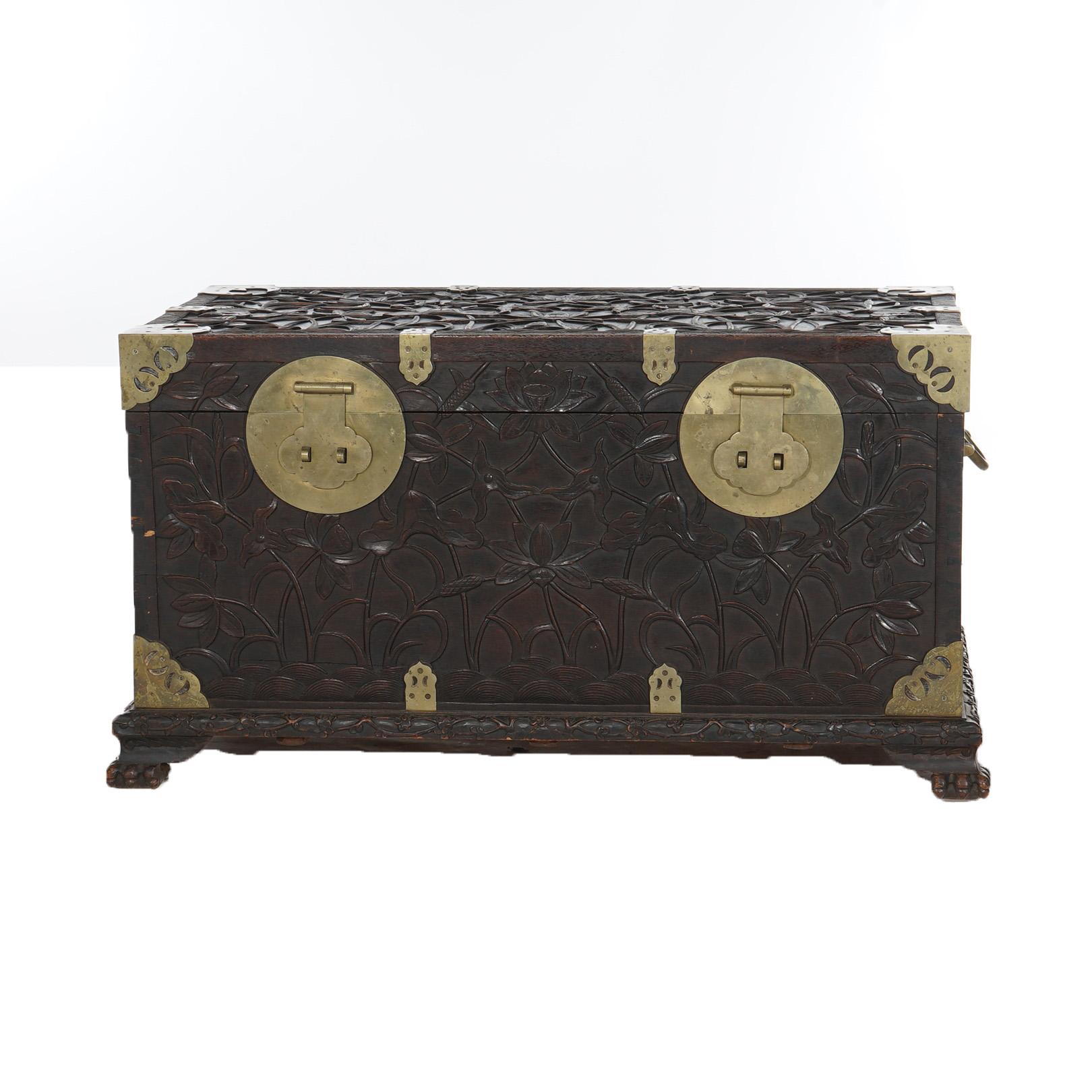 ***Ask About Reduced In-House Delivery Rates - Reliable Professional Service & Fully Insured***
Antique Chinese Blanket Wedding Chest Carved in Relief with Floral Design and Brass Hardware C1890

Measures- 24''H x 44''W x 24''D