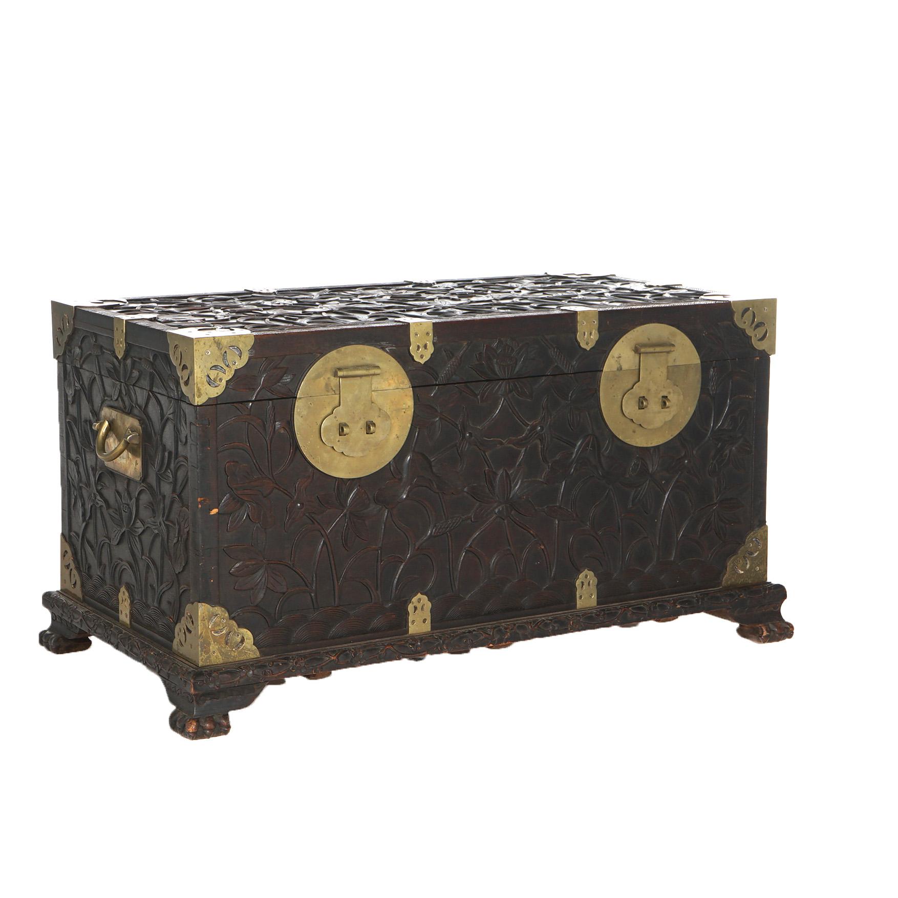 Antique Chinese Blanket Wedding Chest Carved in Relief with Floral Design C1890 For Sale 1