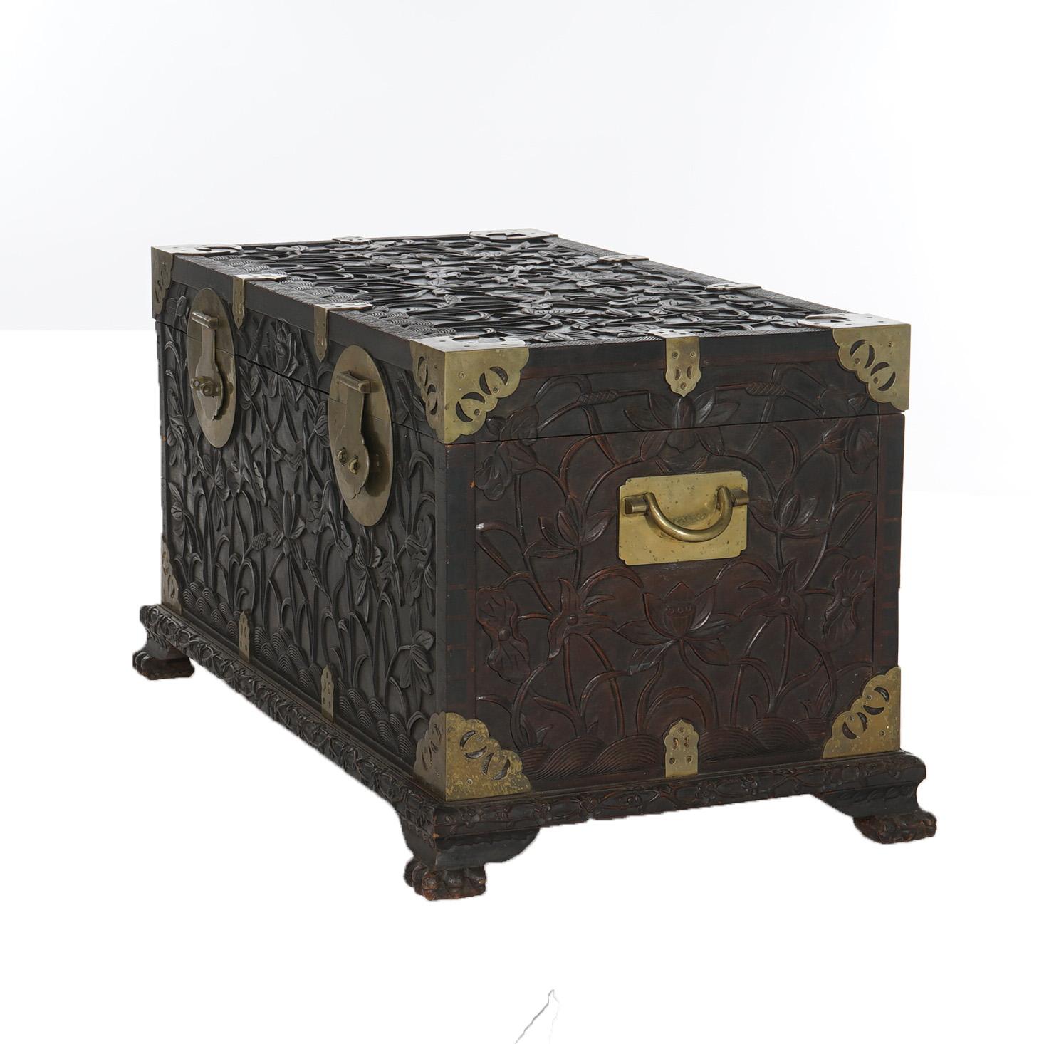 Antique Chinese Blanket Wedding Chest Carved in Relief with Floral Design C1890 For Sale 2