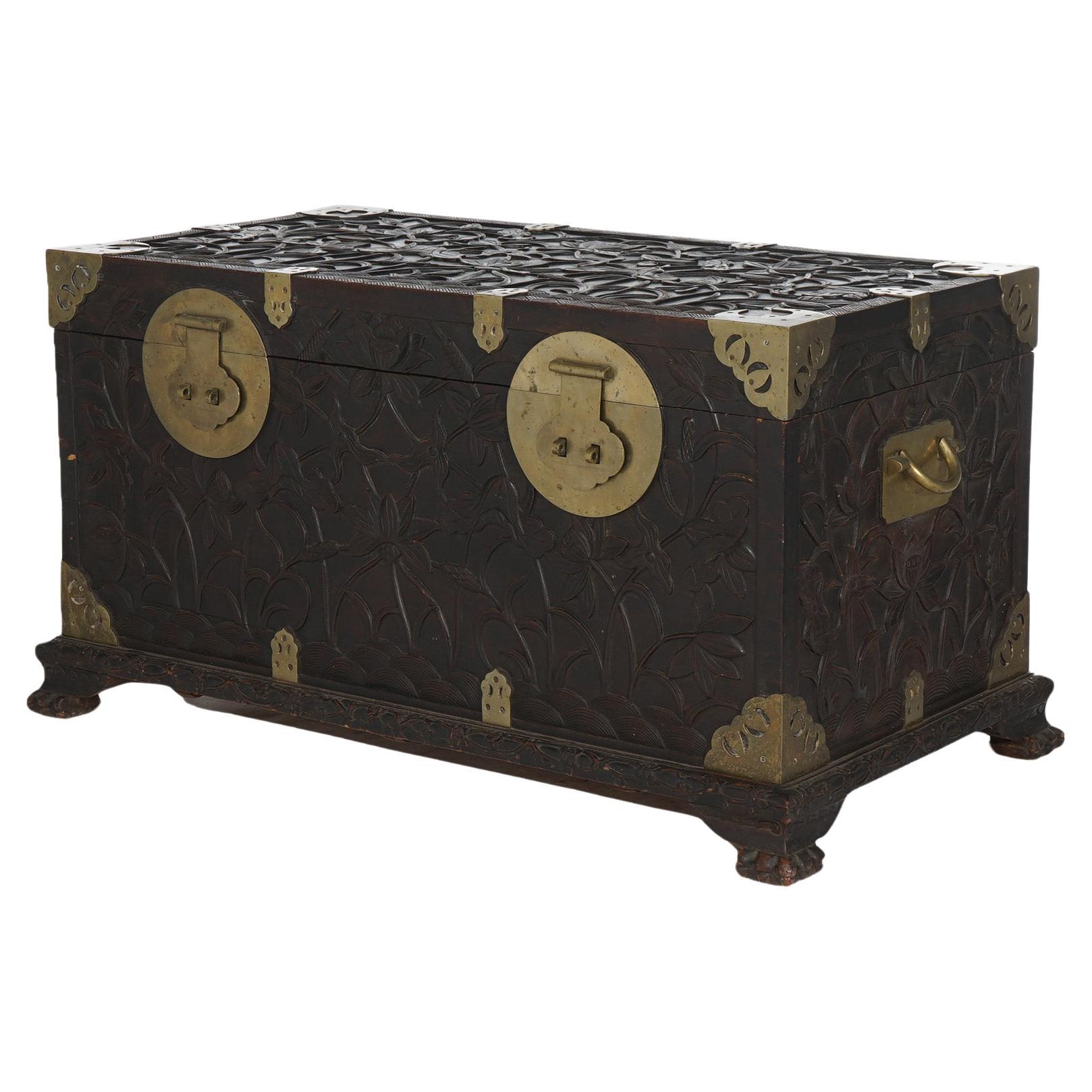 Antique Chinese Blanket Wedding Chest Carved in Relief with Floral Design C1890 For Sale