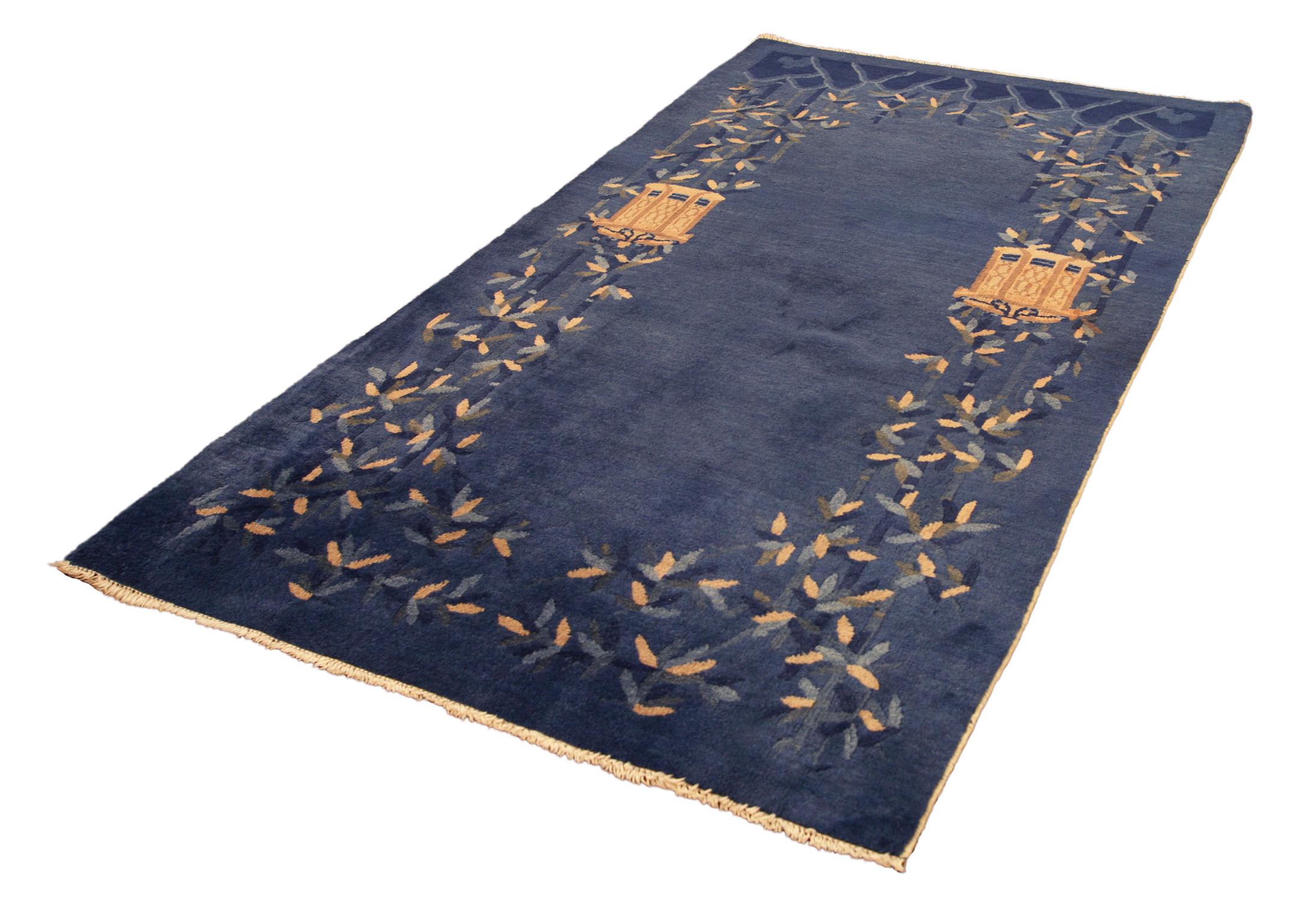 Hand-Knotted Antique Chinese Blossoming Bamboos and Lanterns Design Peking Rug, 1900-1920 For Sale