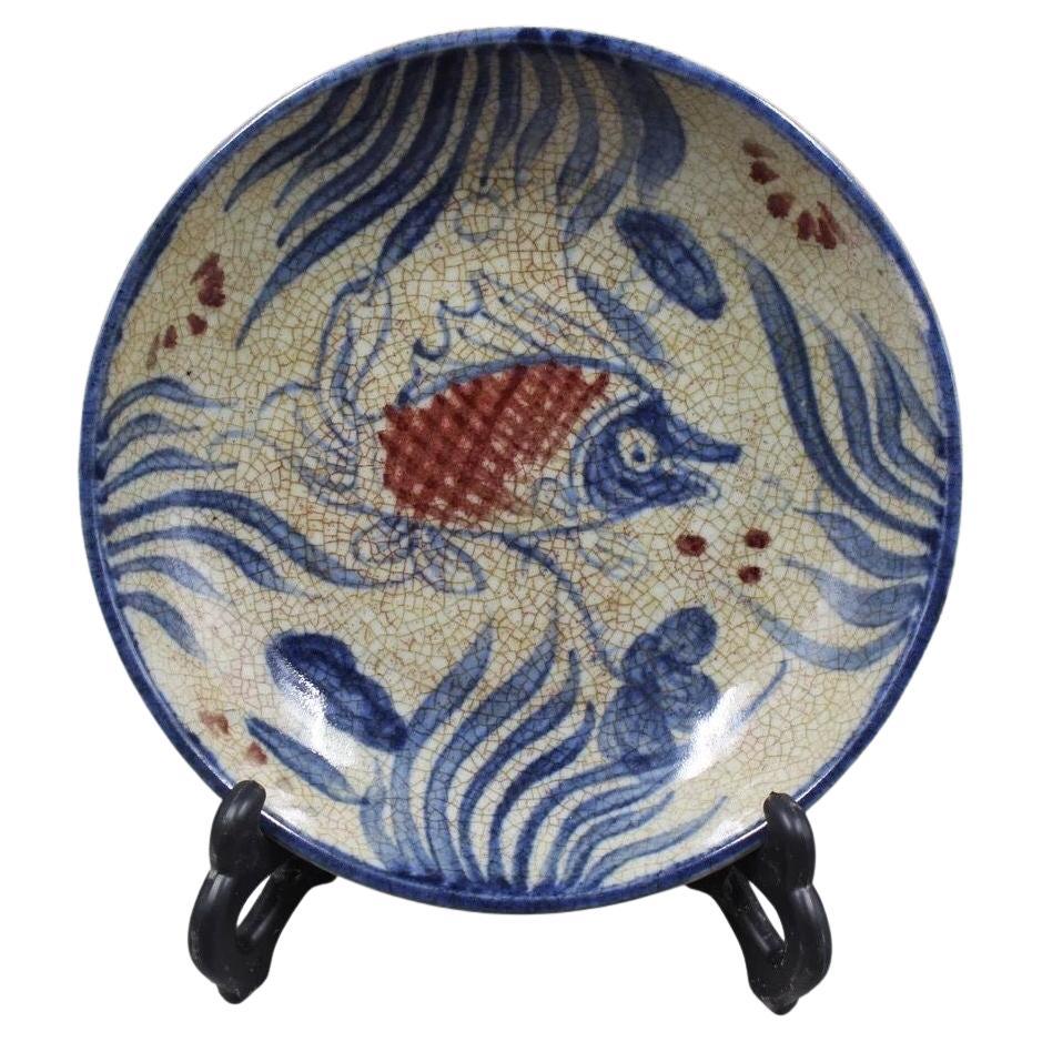 Antique Chinese Blue and White Iron Red Fishes Plate For Sale