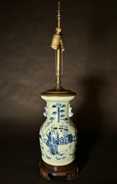 Antique Chinese Blue And White Porcelain Vase As Lamp