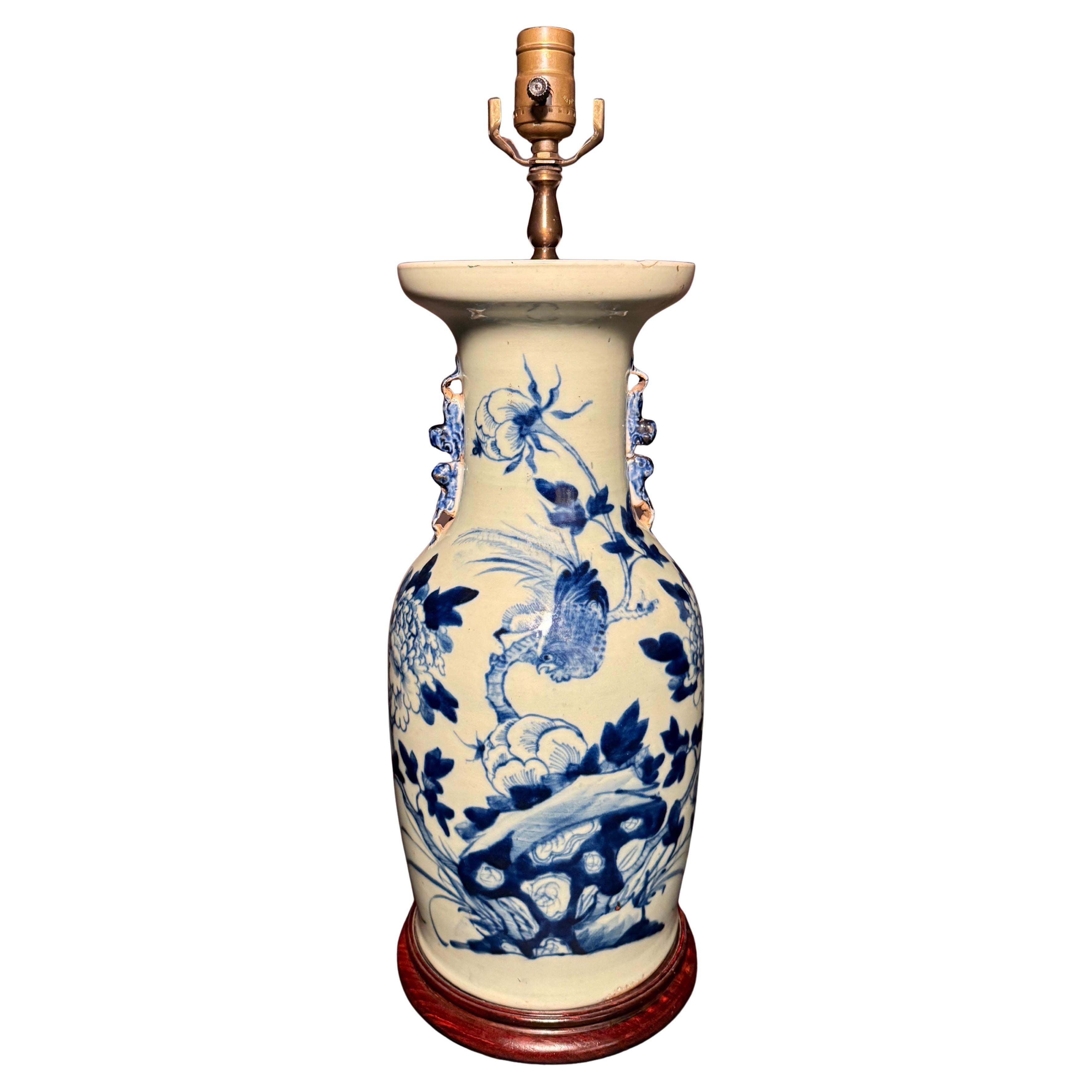 Antique Chinese Blue And White Porcelain Vase As Lamp