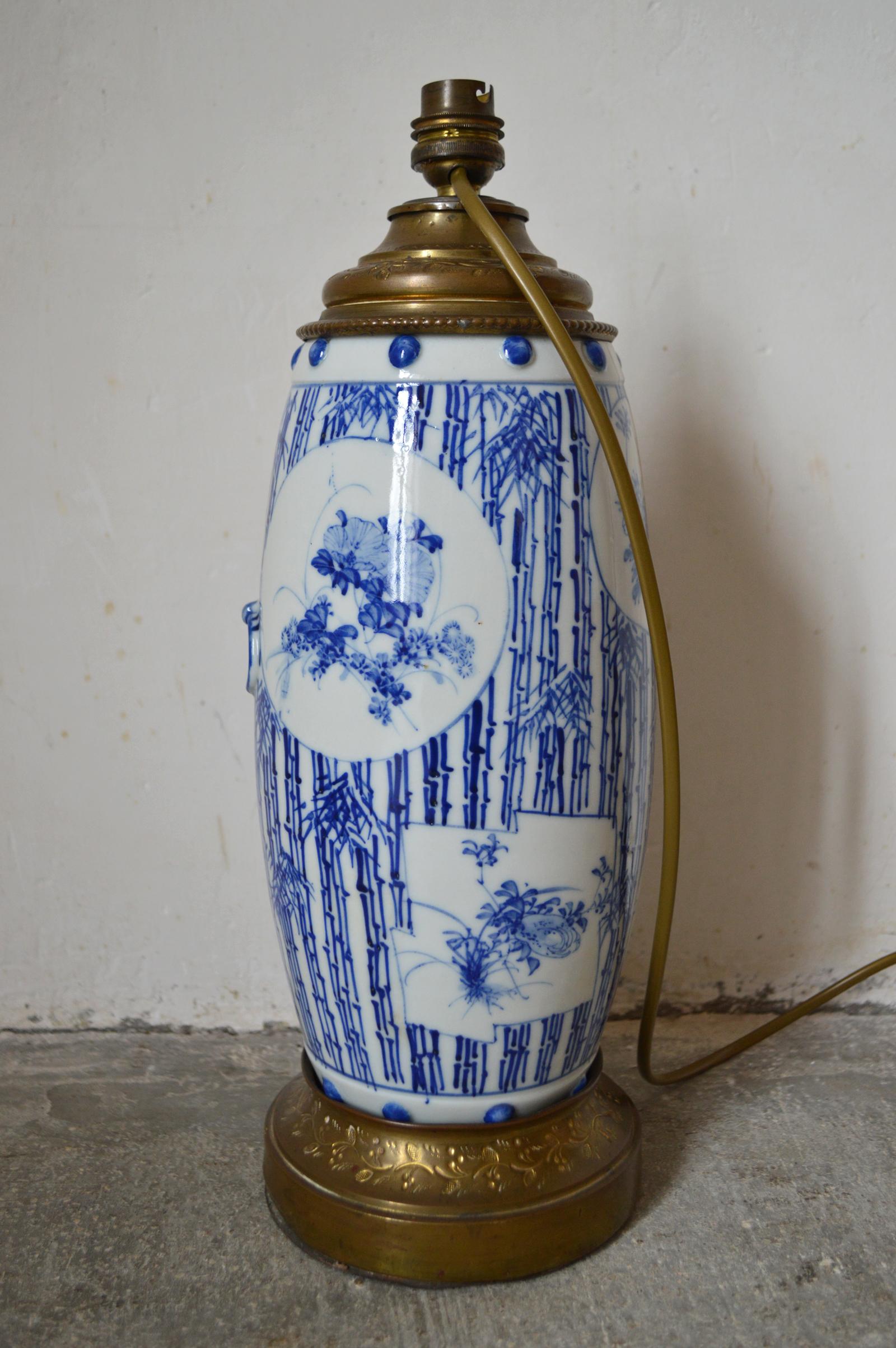 Qing Antique Chinese Blue and White Porcelain Vase Mounted as Lamp, Floral Theme