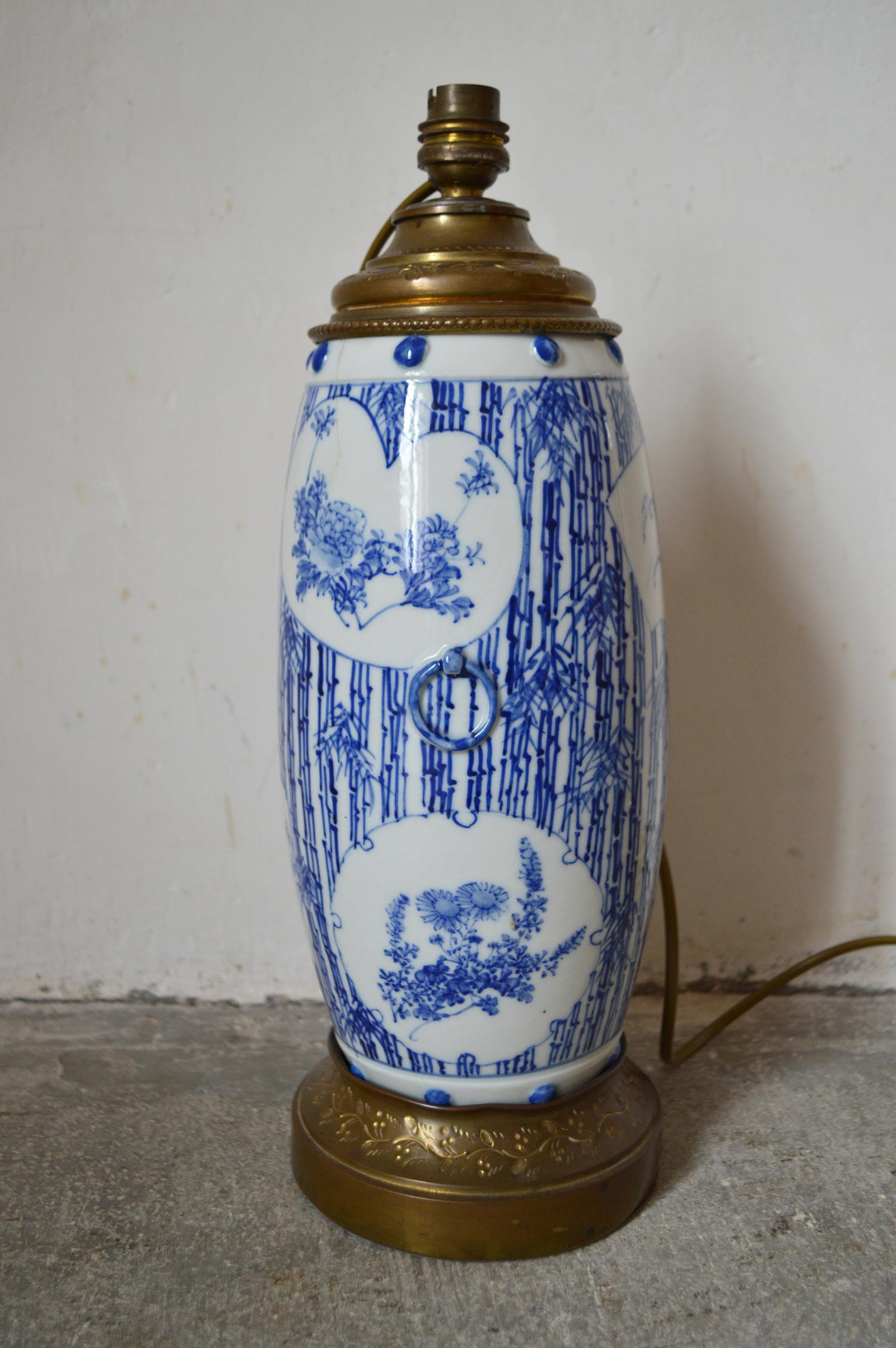 Hand-Painted Antique Chinese Blue and White Porcelain Vase Mounted as Lamp, Floral Theme